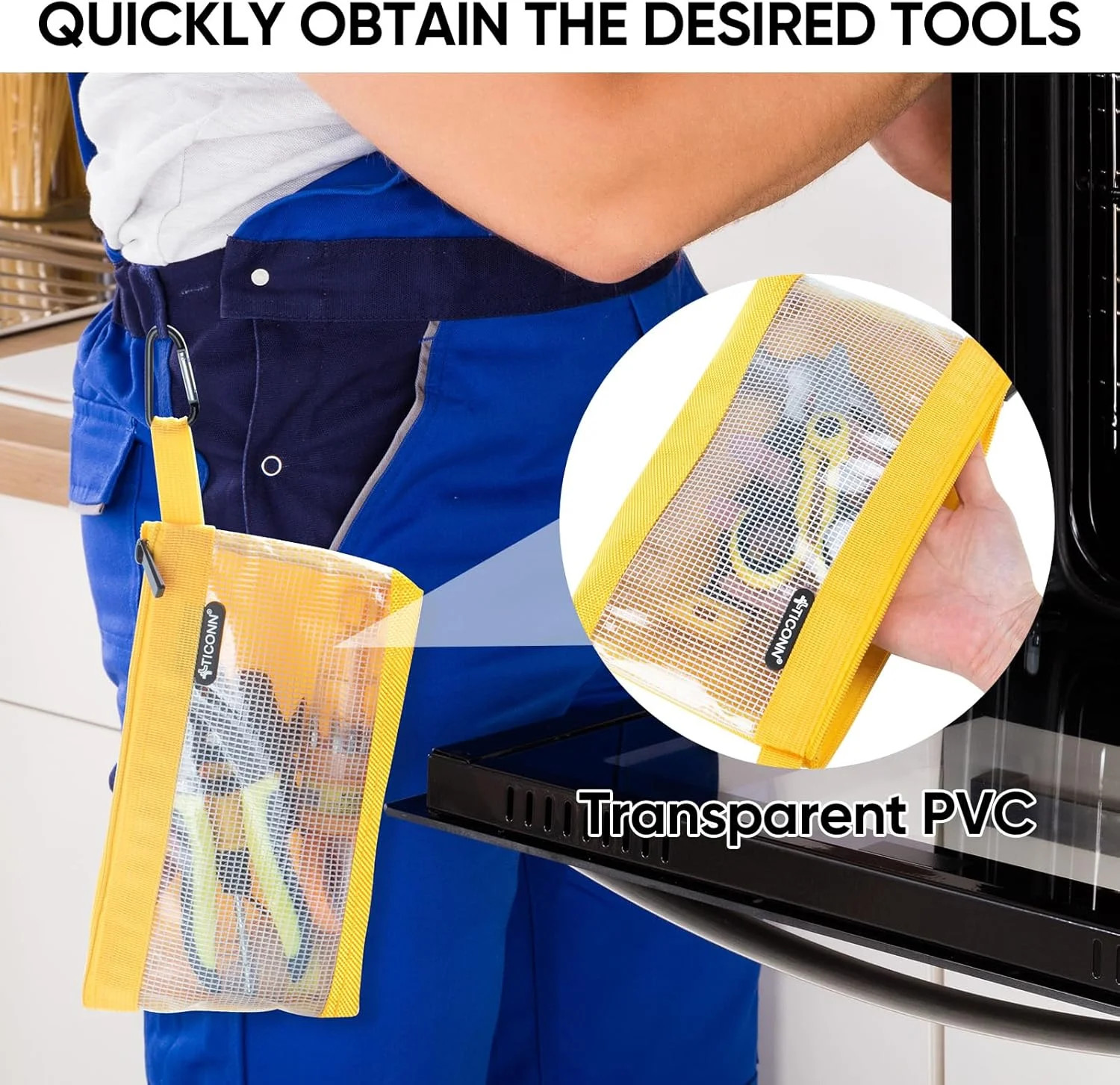 TICONN Tool Pouch, 1680D Oxford Small Tool Bag, Tool Pouches with Zipper, Clear