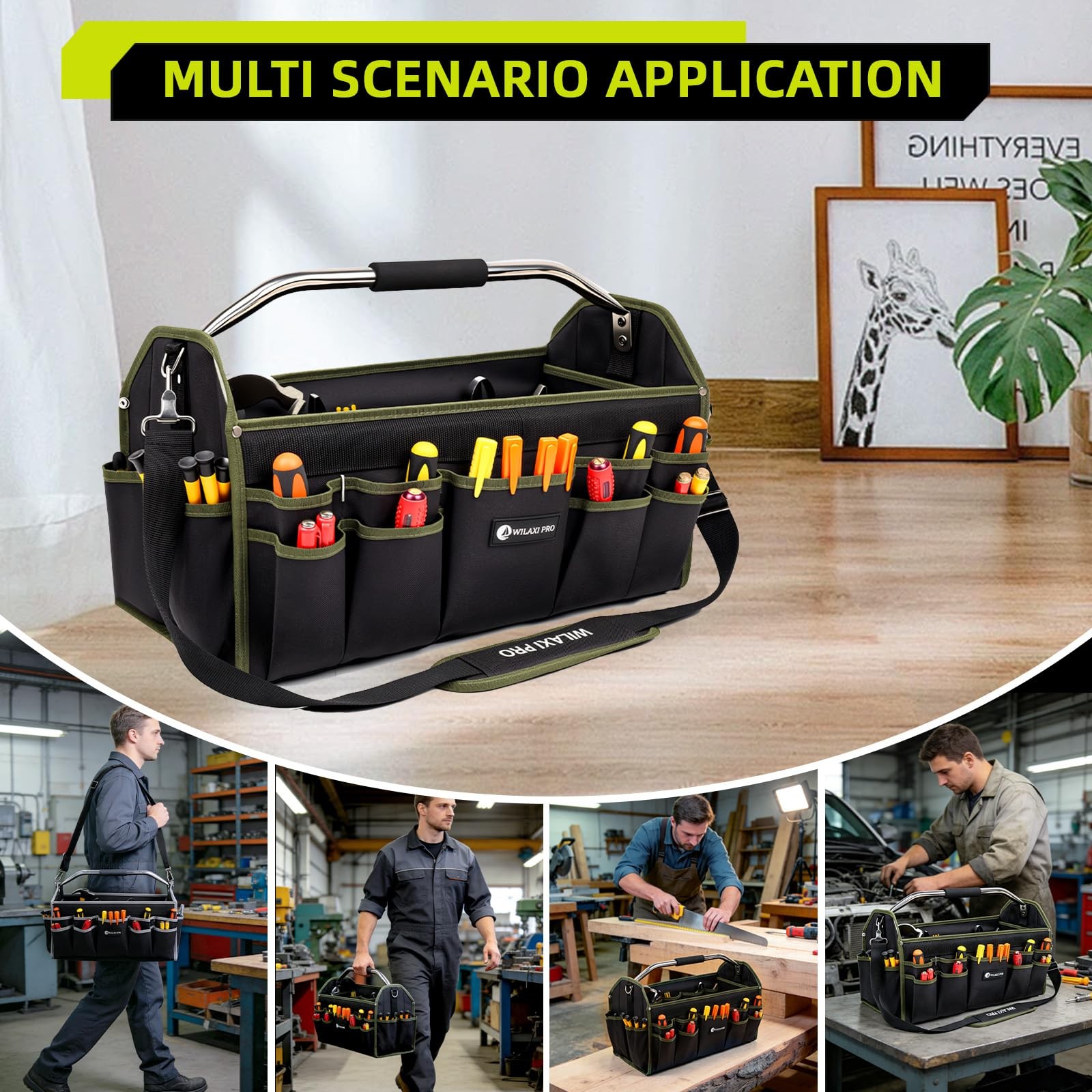 20in Foldable Open Top Tool Bags For Men Heavy Duty Hard Handle Green Tote