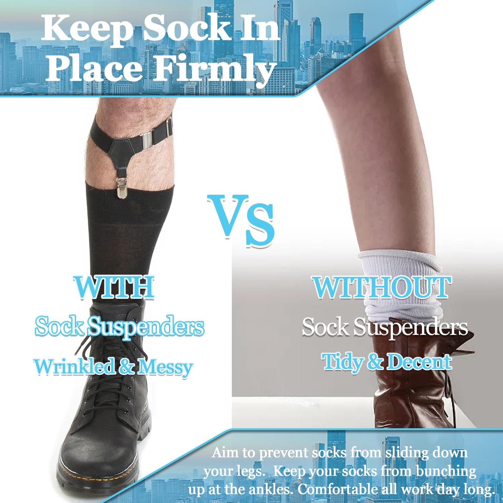 STAY GENT 2 Pairs Men’s Suspenders, 4 Pcs Sock Garters One Size, Coal Black