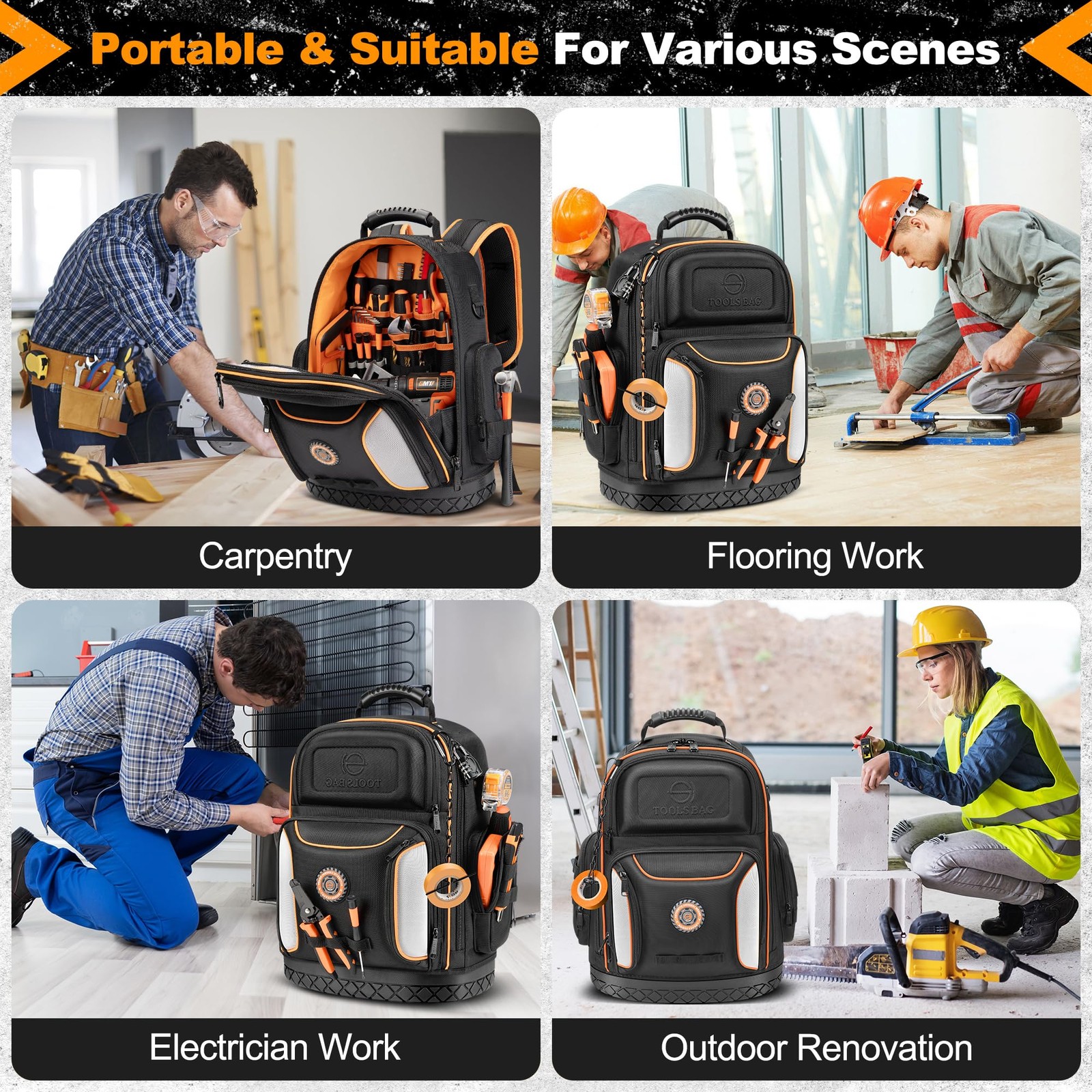LOKASS 18.1-Inch Tool Backpack, 75 Pockets, Black 14.6″L x 7″W x 18.1″H,
