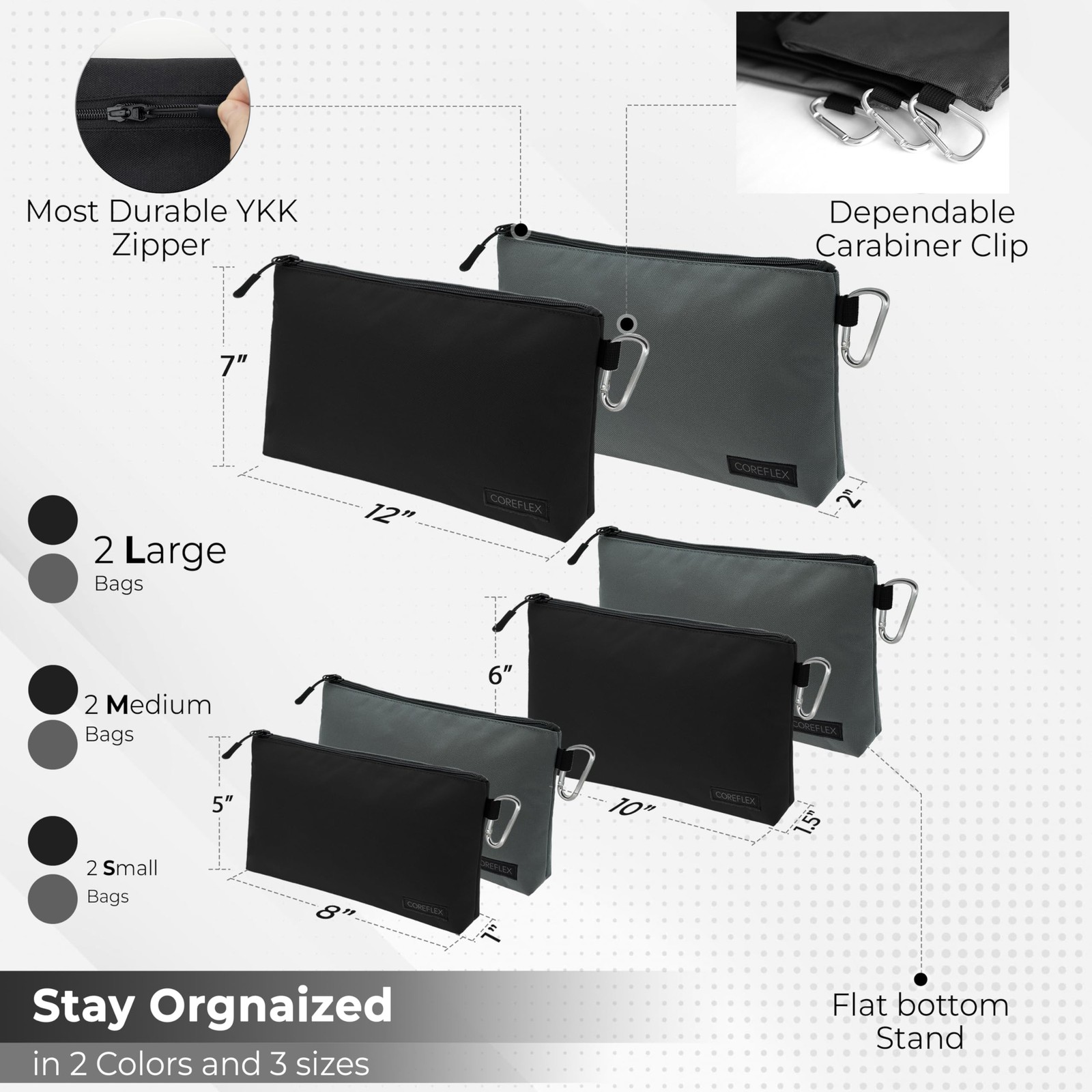 COREFLEX Premium Tool Pouch 6 pack Combo mixed size Black &Grey, black, grey