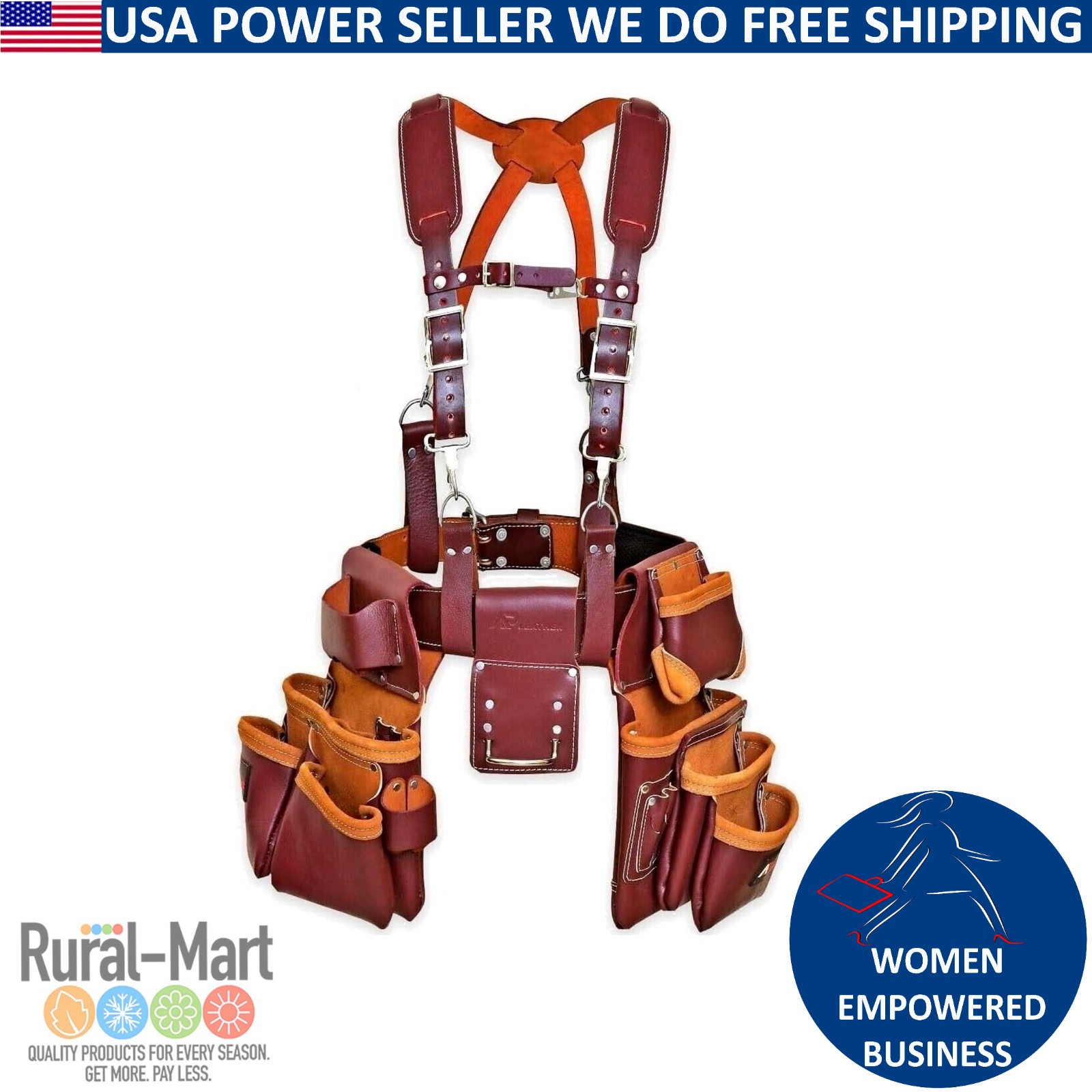 Full Grain Leather Carpenter Tool Belt Pouch with Suspender & Hammer Holder – Du
