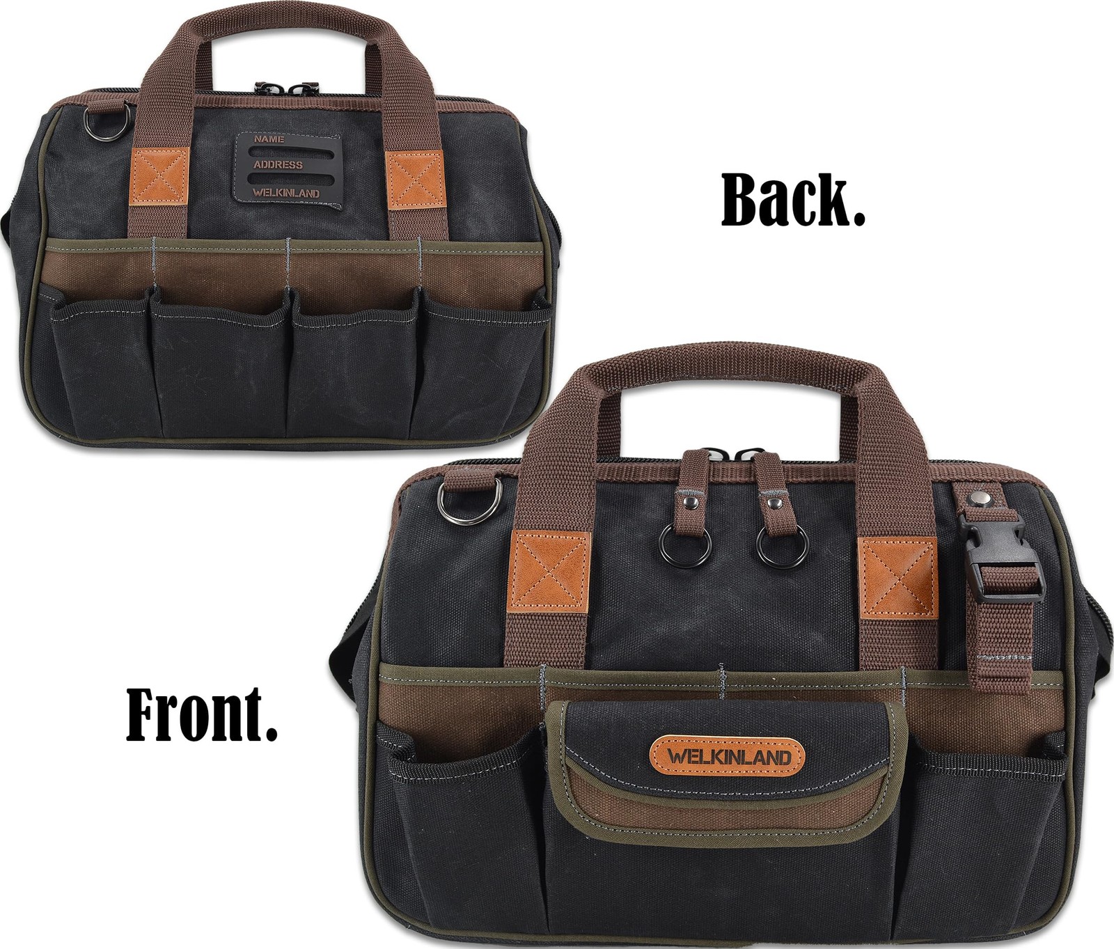 WELKINLAND 30-Pockets Canvas tool bag, 14-Inch(Max. 20L), Black/Brown/Olive
