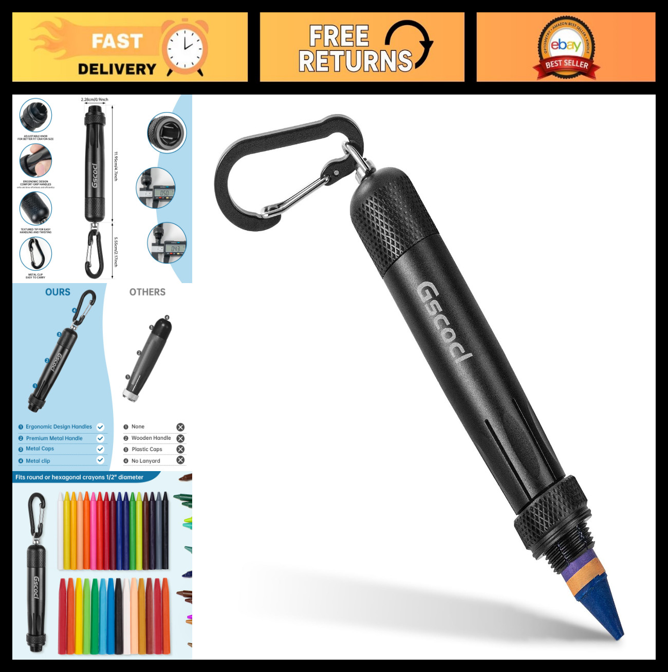 Heavy Duty Aluminum Crayon Holder for 1/2″ Round Hex Crayons & Ferro Rods – Blac