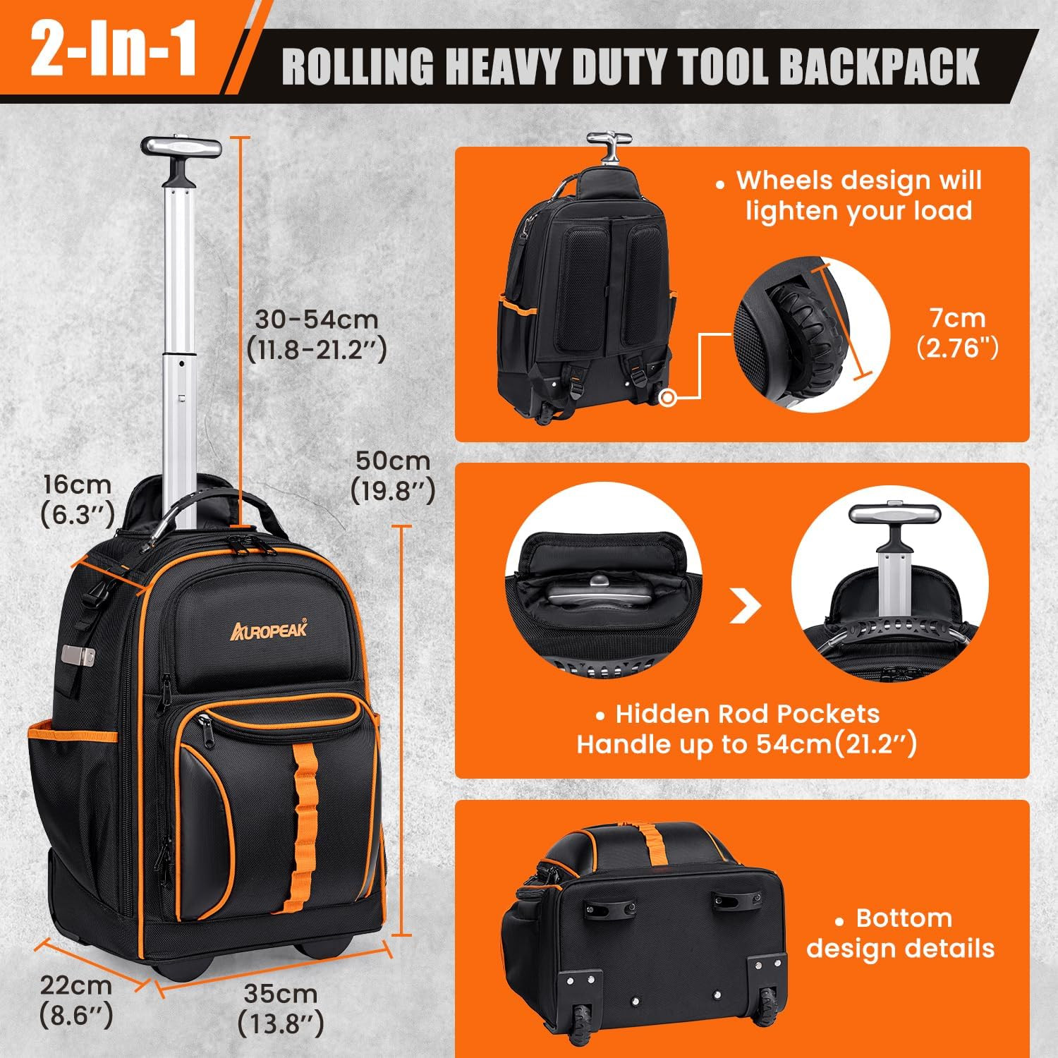 Ultimate 2-in-1 Rolling Tool Backpack with 63 Pockets for Pros