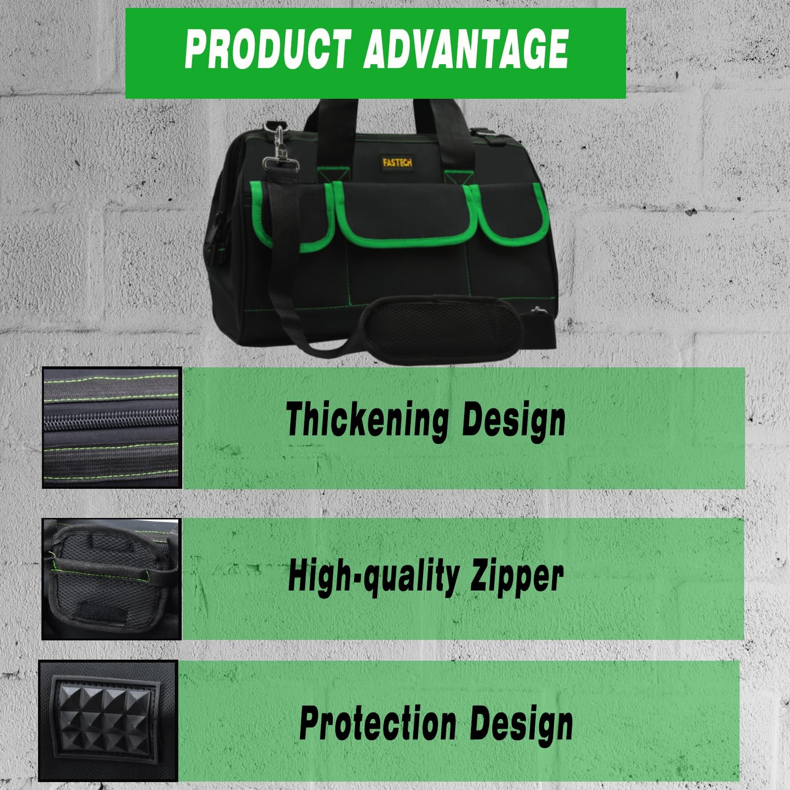 FASTECH 20 Inch Tool Bag With Comfortable Shoulder Straps, 20IN, Green