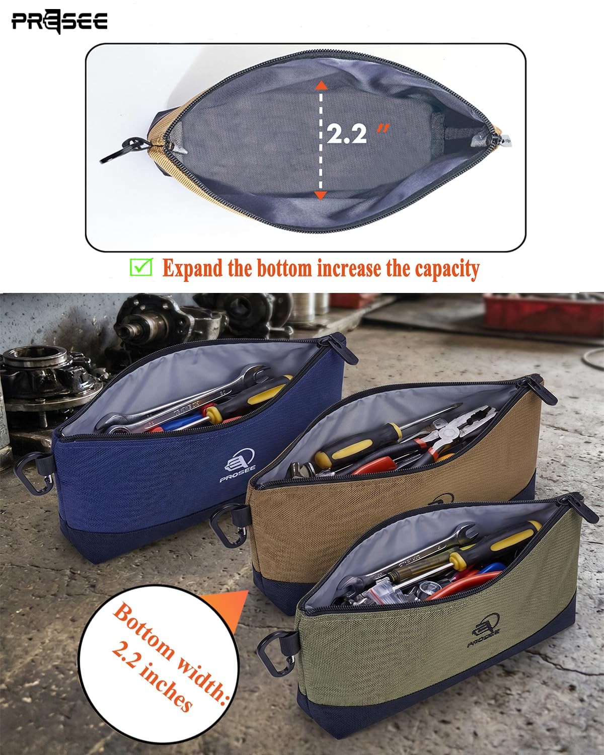 1 PCS Tool Pouch Zipper Stand Up Organizer Bag 1680D Carabiner 12.5 Inch Green