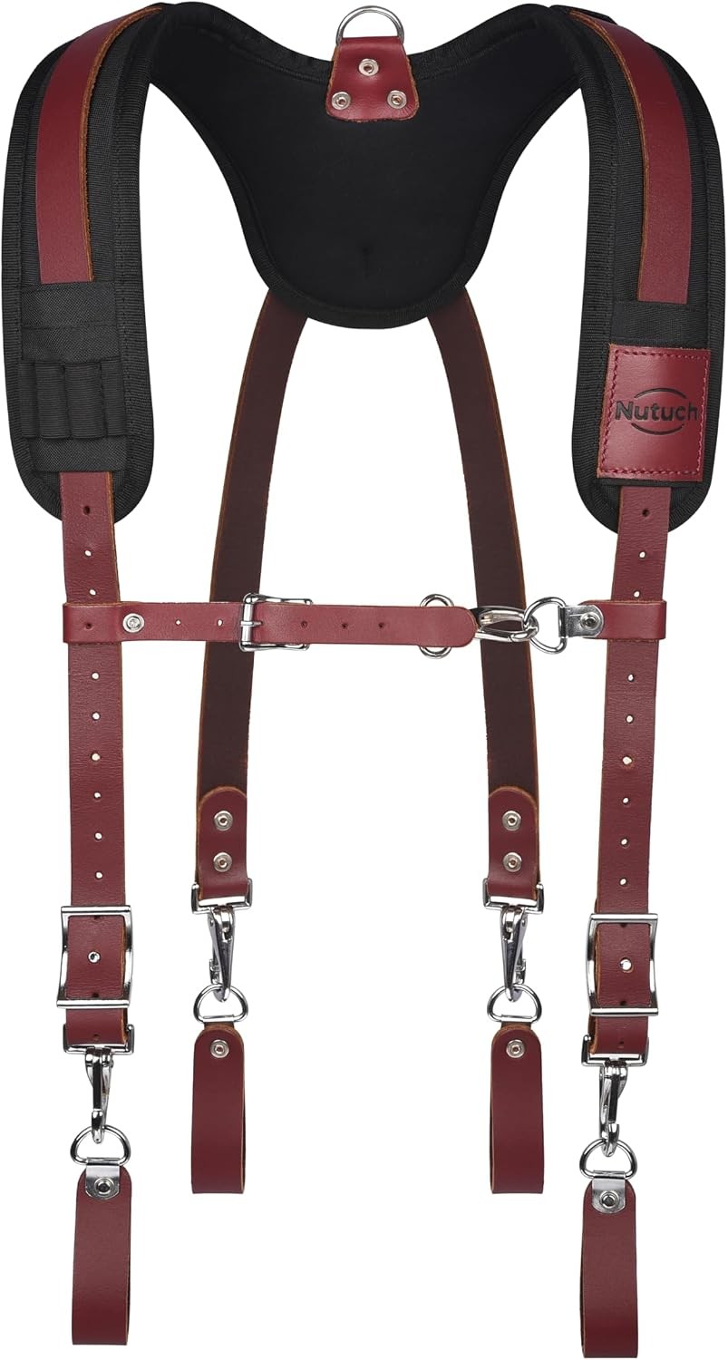 Leather Work Suspenders With Pockets Adjustable Padded