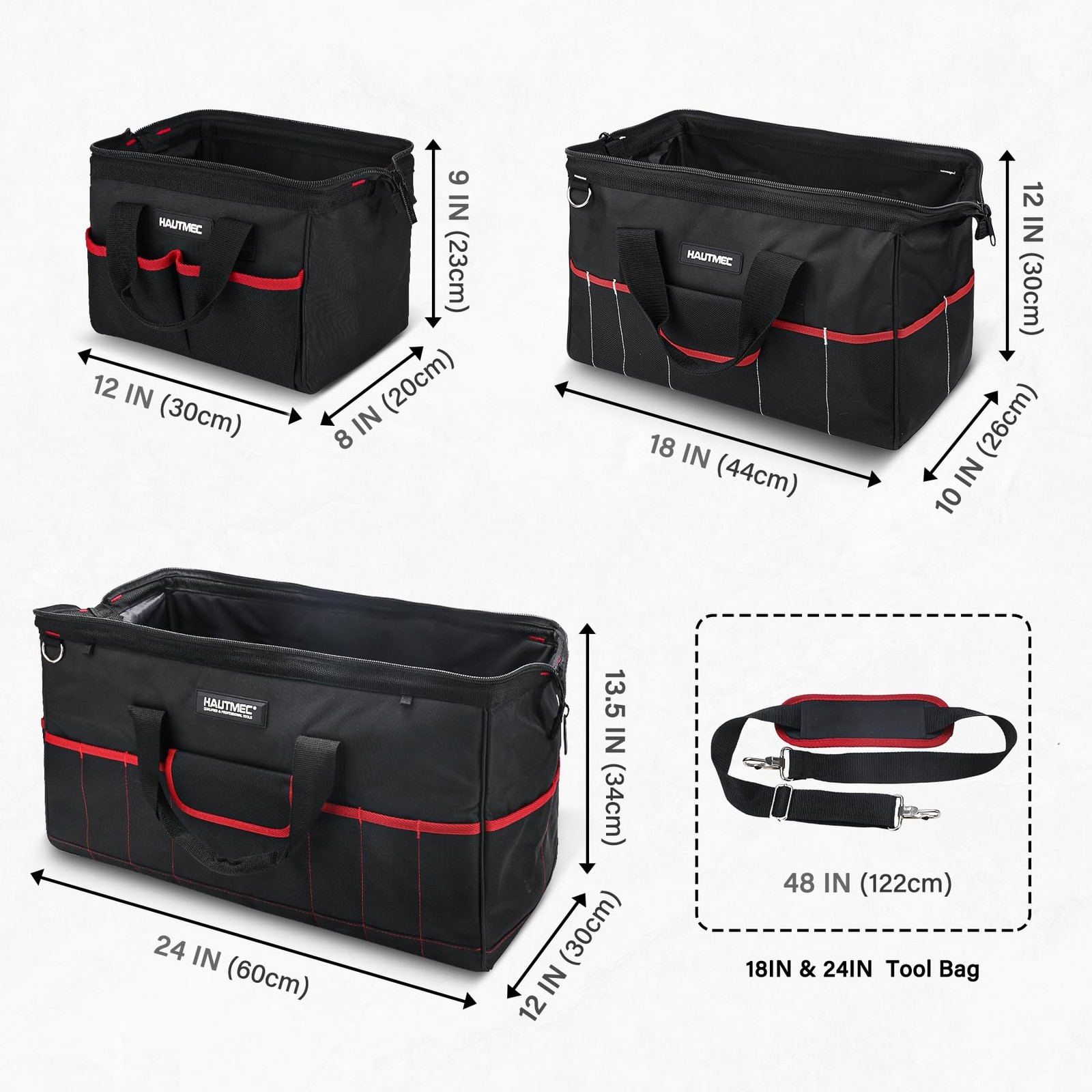 HAUTMEC 3-Piece Large Tool Bag Set (12” / 18” / 24”), Heavy-Duty Black & Red
