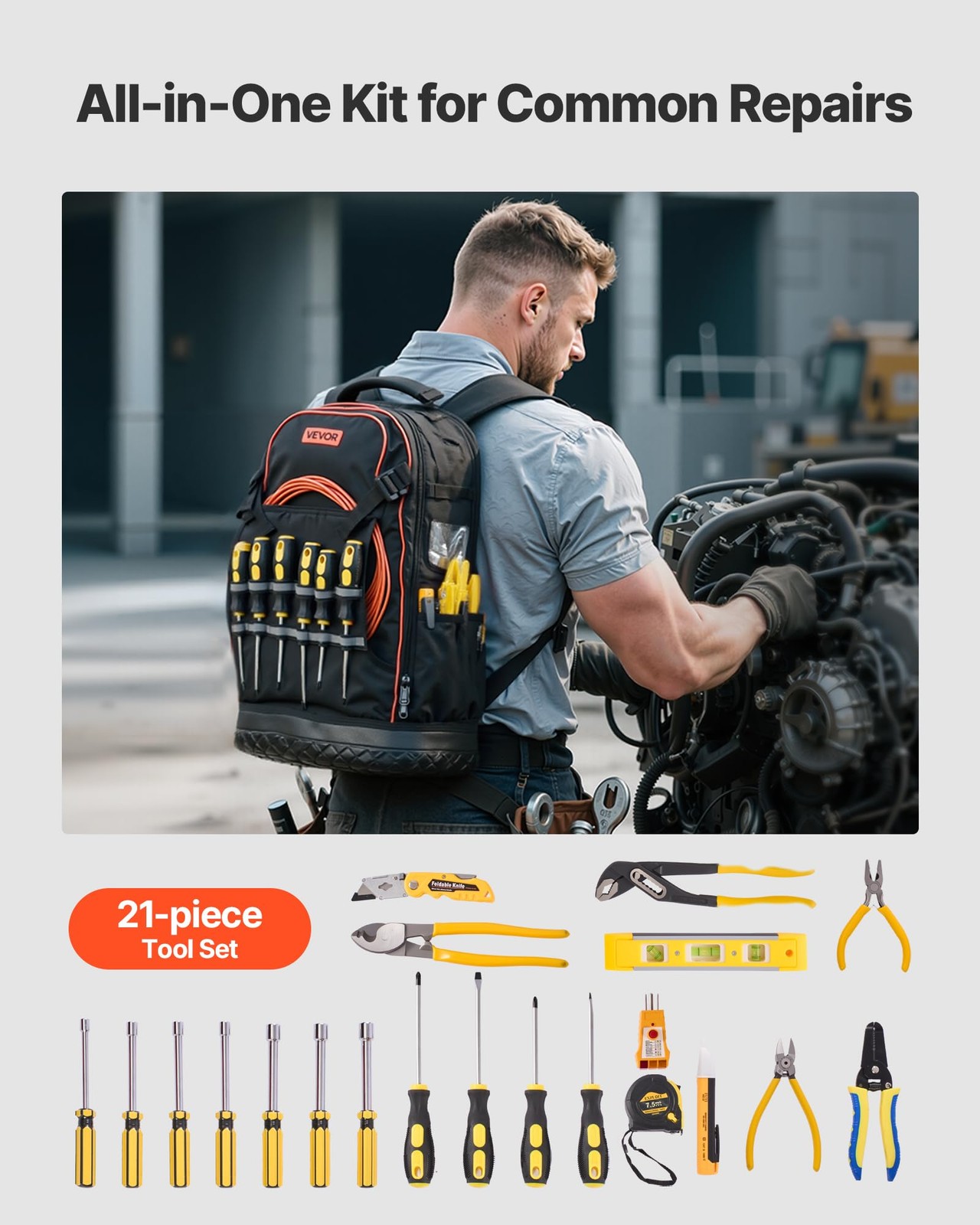 VEVOR Tool Backpack with Tools, 65 Pockets, Heavy-duty 65 Black