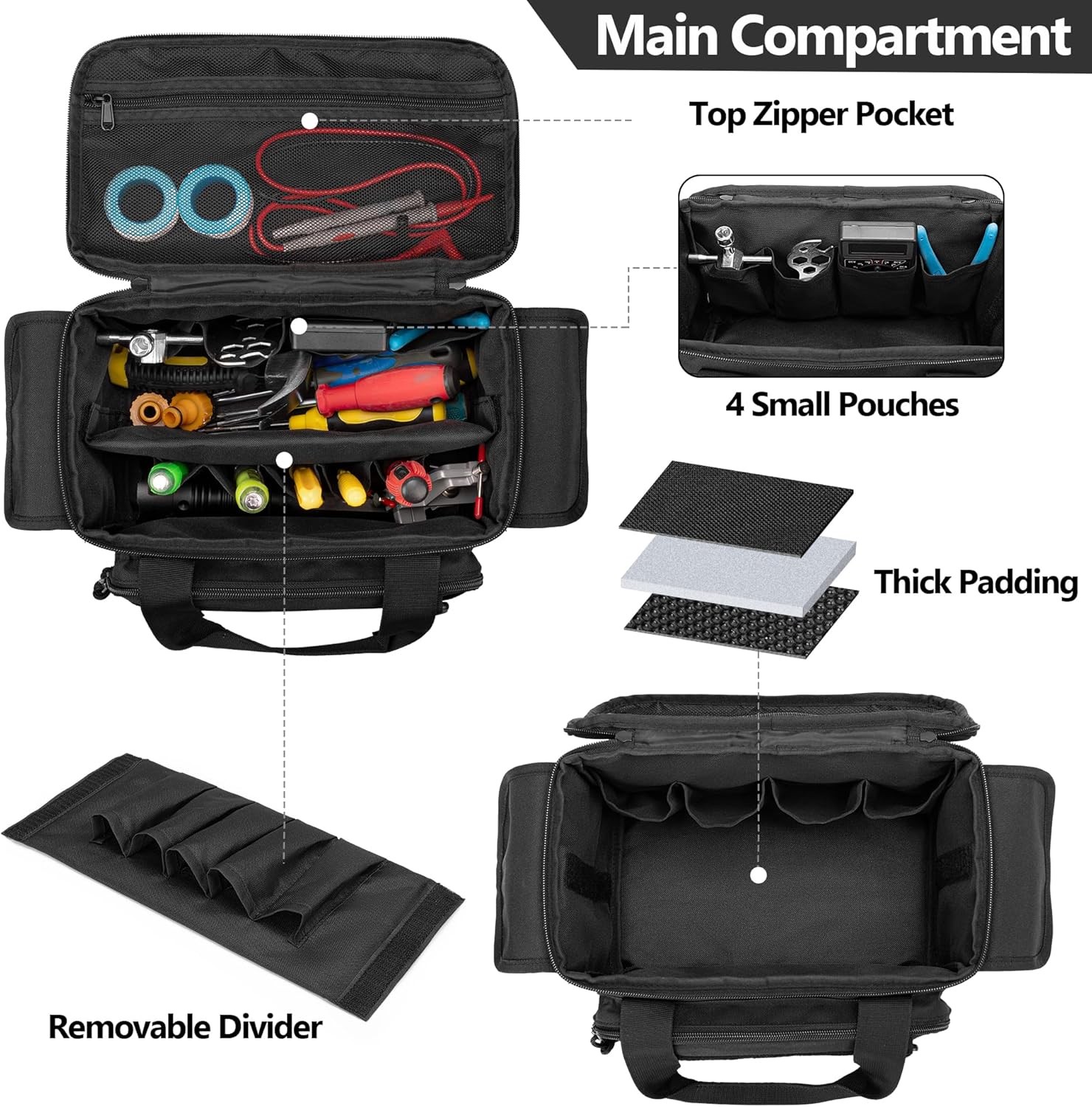 Small Tool Bag with Anti-friction and Thick Padded Bottom, Small, Black