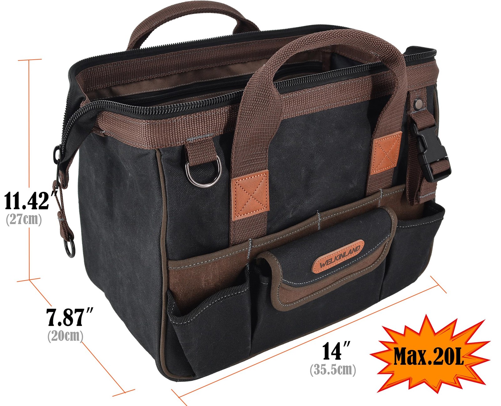 WELKINLAND 30-Pockets Canvas tool bag, 14-Inch(Max. 20L), Black/Brown/Olive