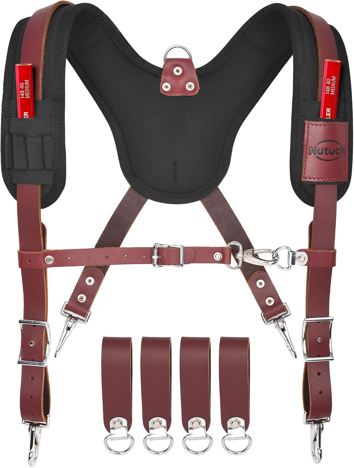 Adjustable Heavy-Duty Leather Tool Belt Suspenders with Pockets for Professional