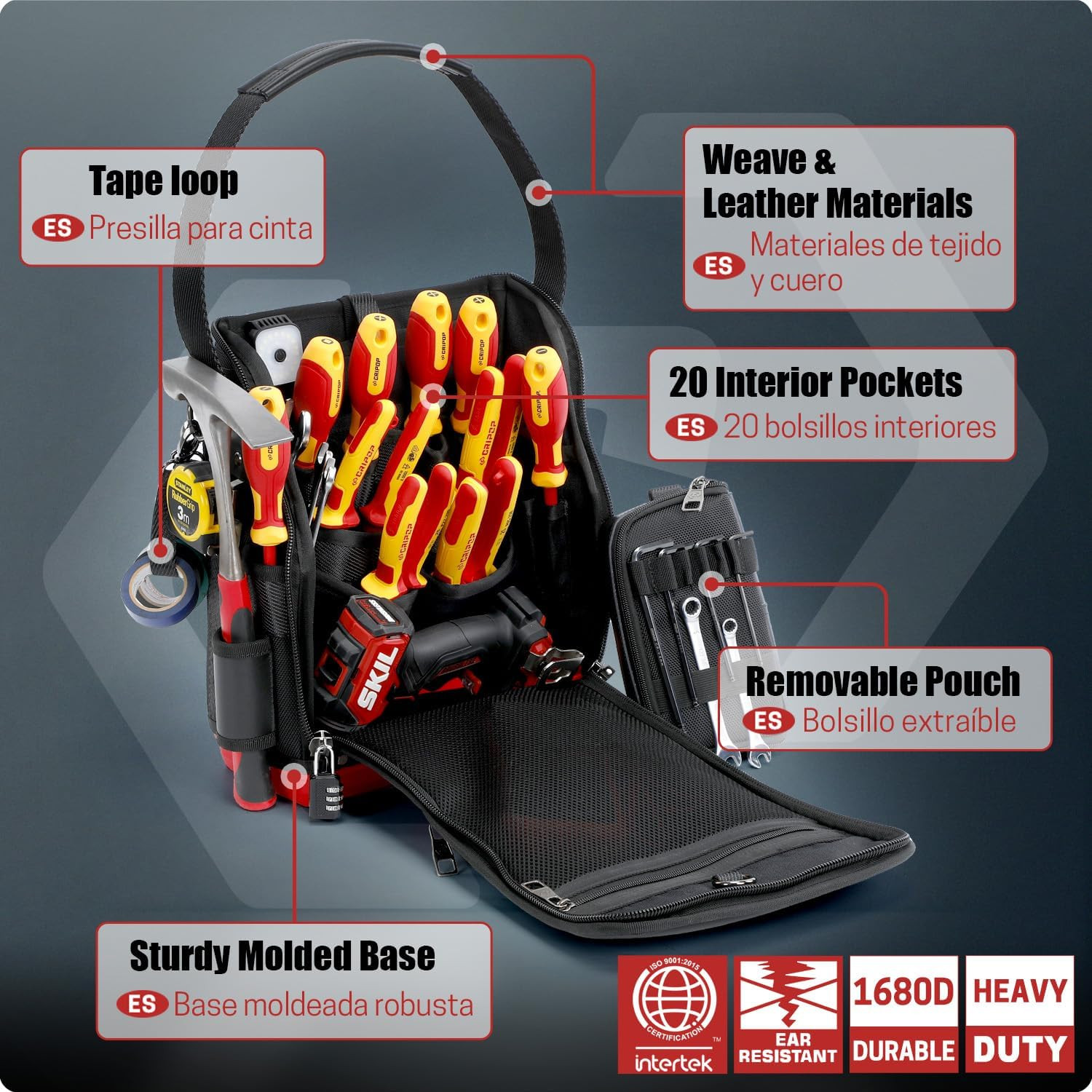 Waterproof TECH 16 Electrician Tool Bag with Hard Bottom & Zippered Organizer