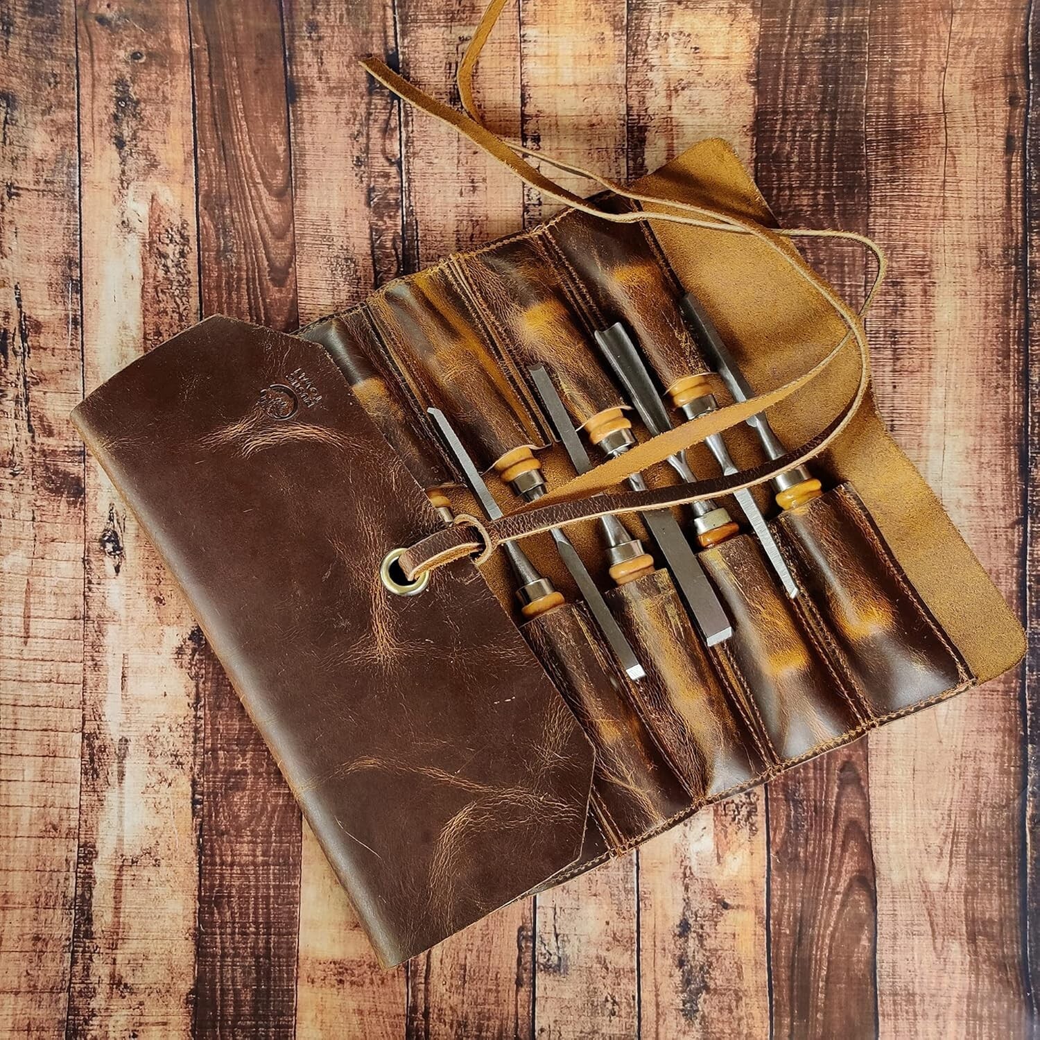 Leather Tool Roll Pouch – 12 Pocket Compact Wrench & Chisel Organizer for Mechan