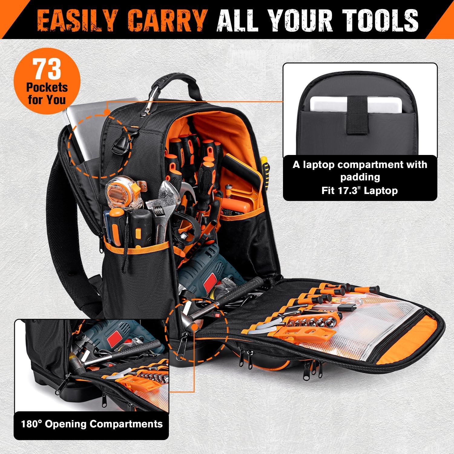 AUROPEAK 73 Pockets Electrician Tool Backpack Heavy Duty Men Women, Hvac Tool