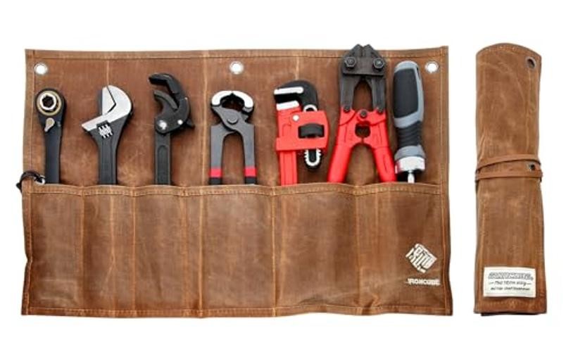 Tool Pouch, Roll-Up Storage Bag for Hand Tools & Wrenches 6 Pockets Wax Canvas