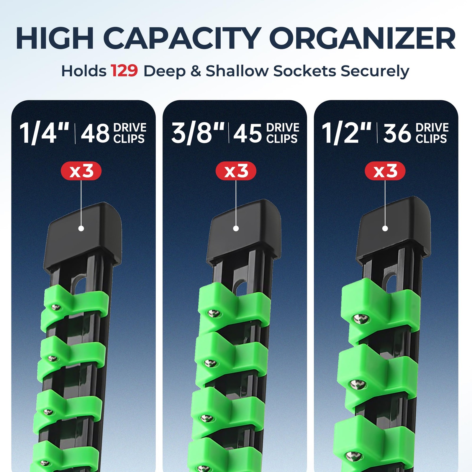 Reniteco 9-Piece Socket Organizer Set – 1/4-Inch x 48 Clips, 9 Pcs, Green