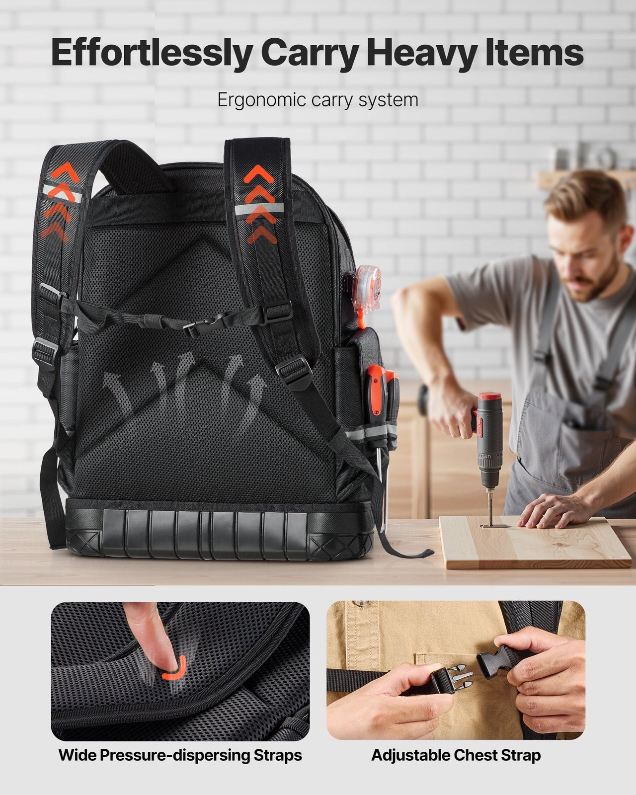 Jobsite Tool Backpack 64 Pockets Heavy Duty Tear-Resistant for Electrician Work