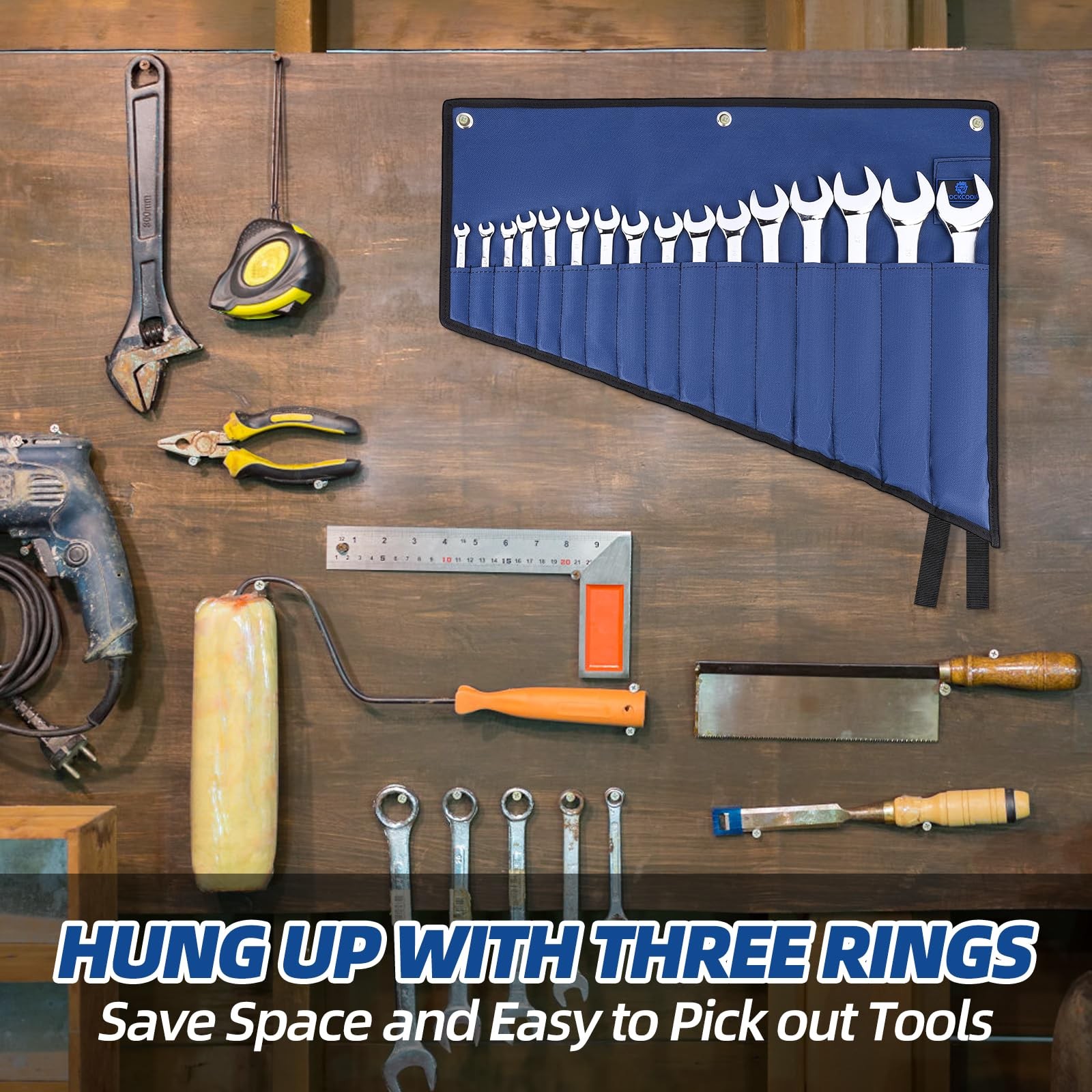 ROCKCOON 16 Pockets Wrench Roll Organizer, 26 x 17.7 x 10.8 inches, Blue