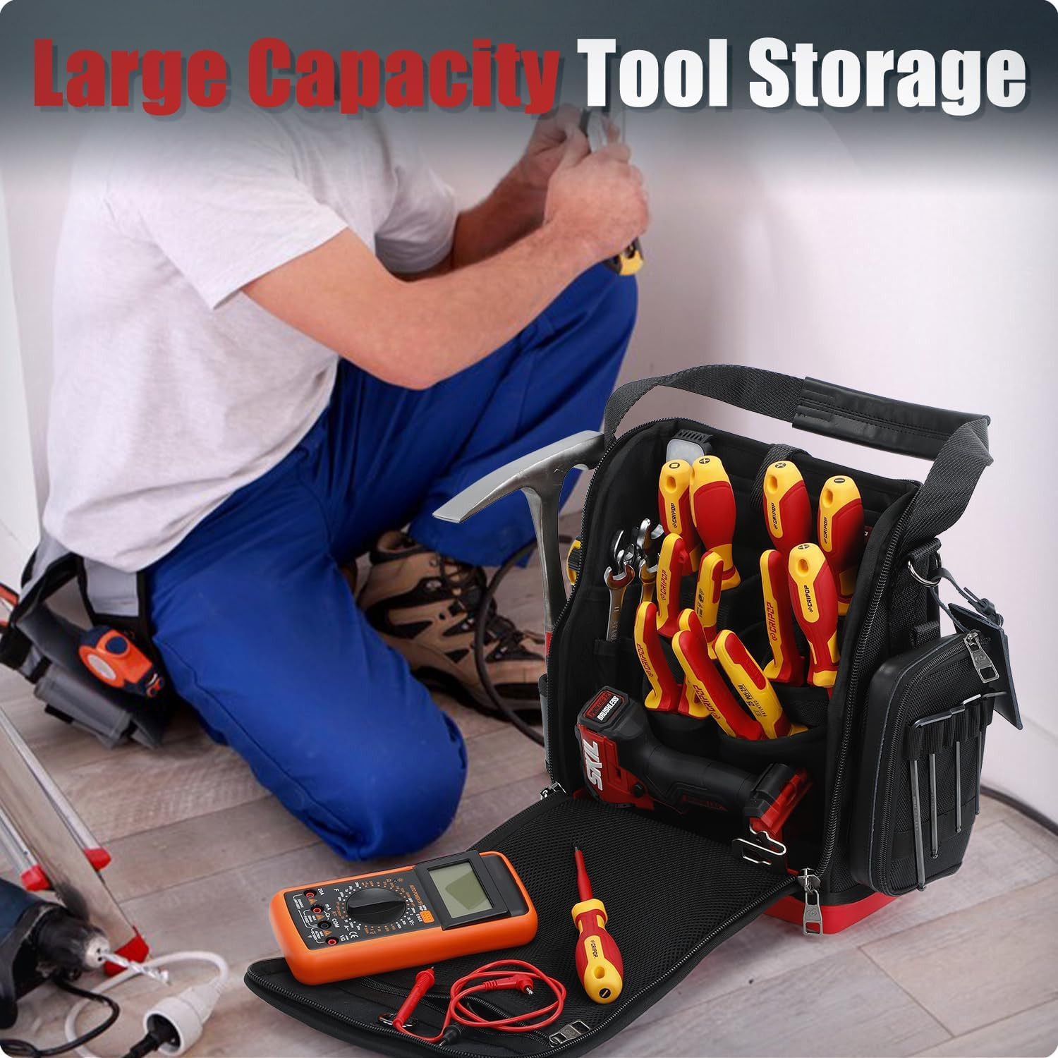 Waterproof TECH 16 Electrician Tool Bag with Hard Bottom & Zippered Organizer
