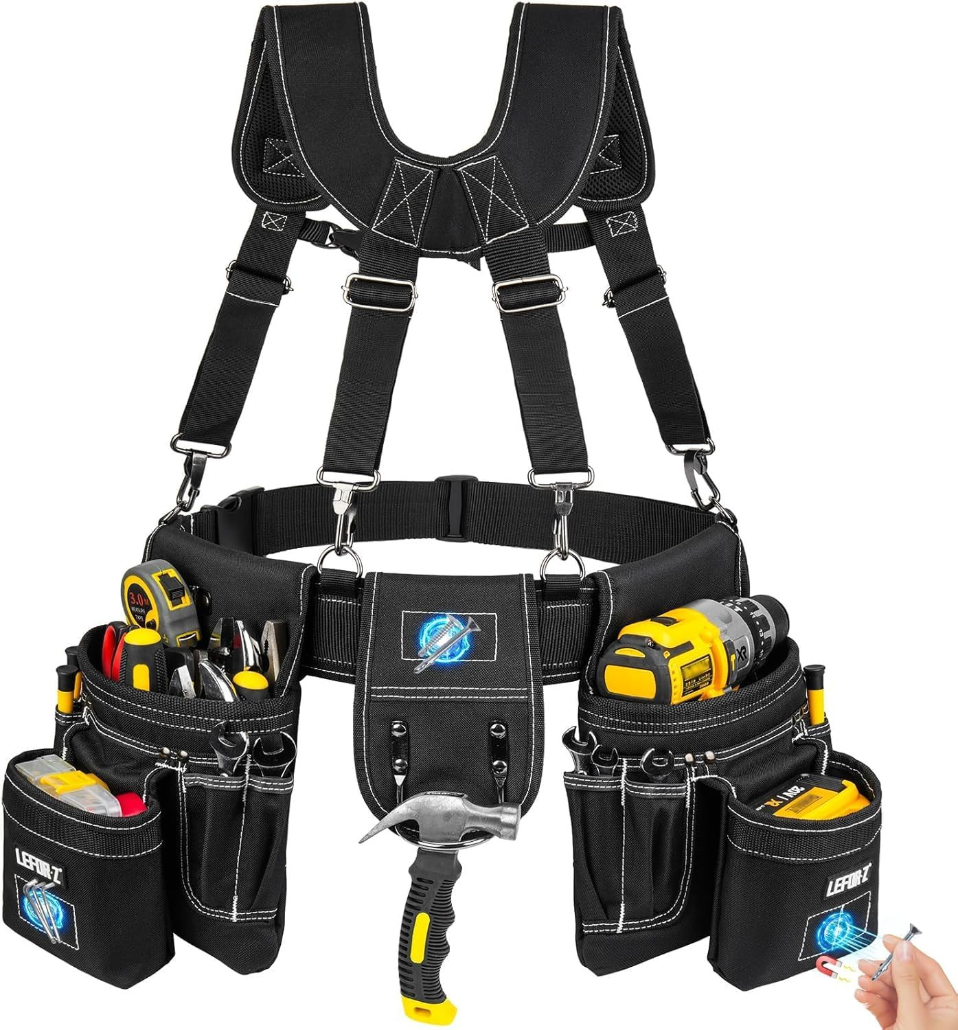 Tool Belt with Suspenders,27-Pockets Heavy Duty Tool Belts for Men with Magnetic