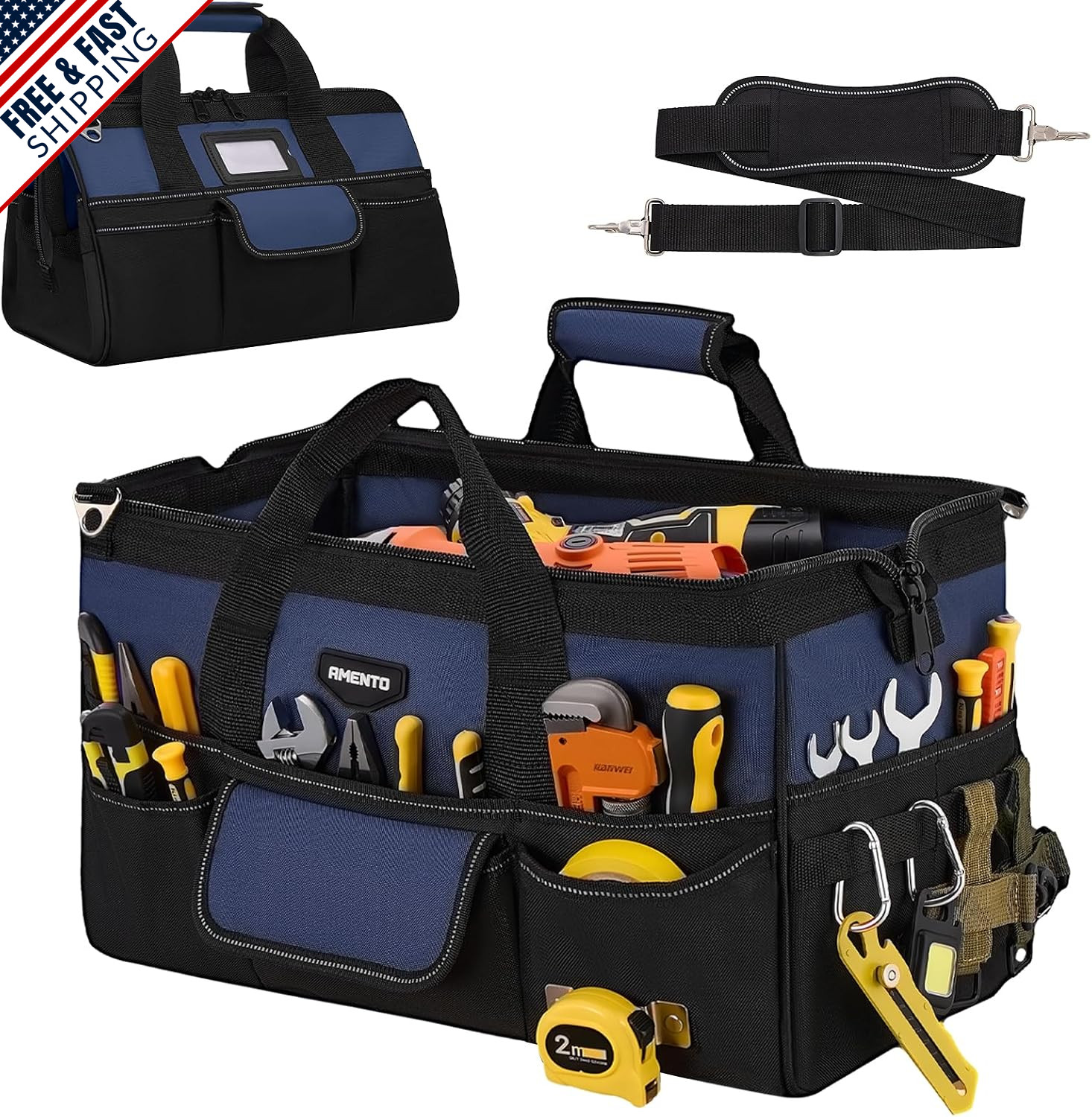 18-Inch Heavy Duty Tool Bag with 22 Pockets for Organized Storage, Blue