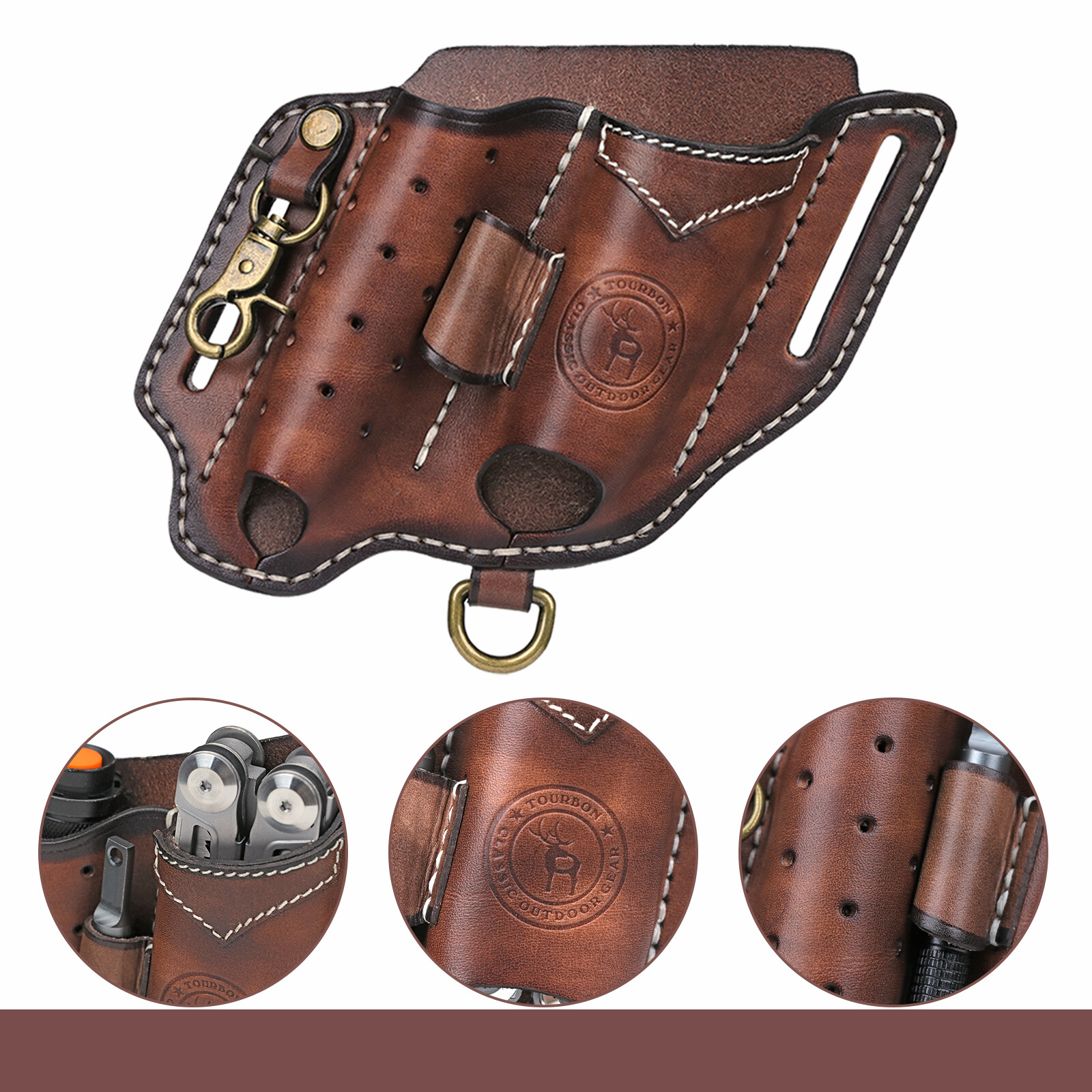 Tourbon Leather EDC Multitool Sheath Flashlight Holder Pen Belt Holster Camping