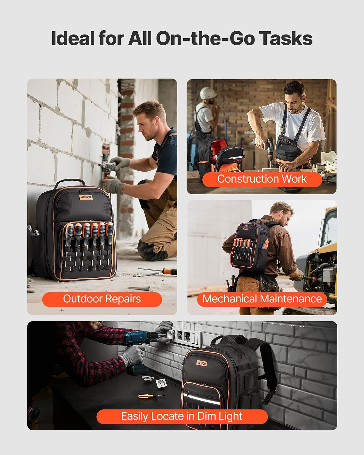 Tool Backpack, 49 Pockets, Heavy-Duty Tools Storage Organizer Work Bags Backpack
