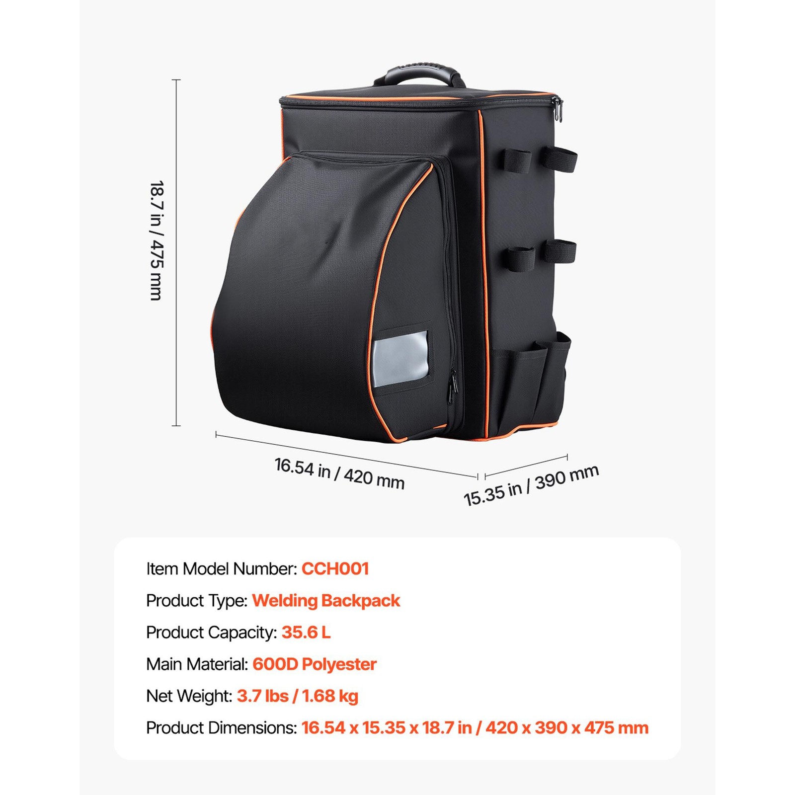 Welding Backpack 35.6L, 600D Polyester, Helmet Catch & 3 Side Pockets