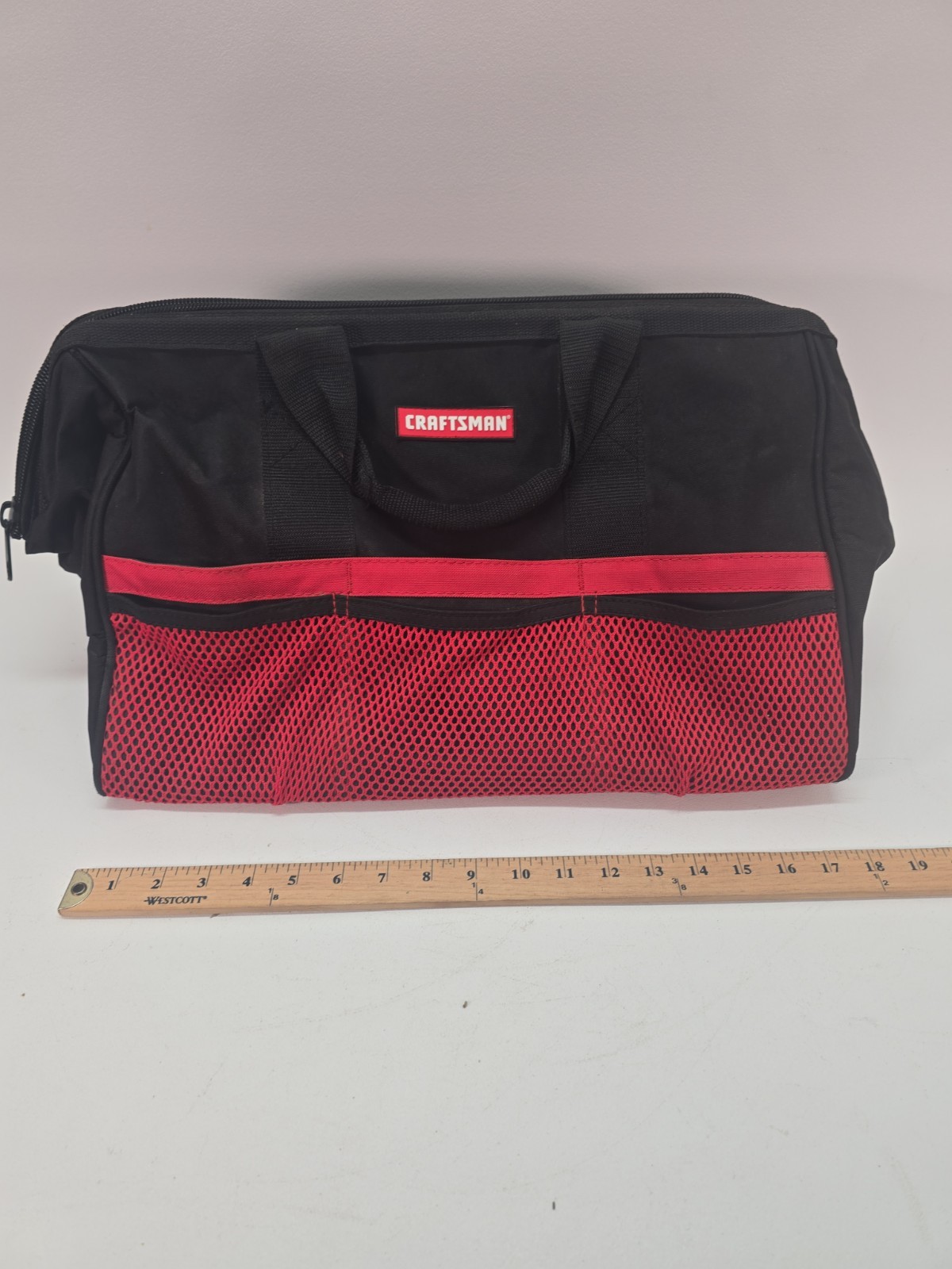 Craftsman 37537 Tool Bag, Canvas Zipper Carrying Bag Tote, Black/Red 18″x11″x12″