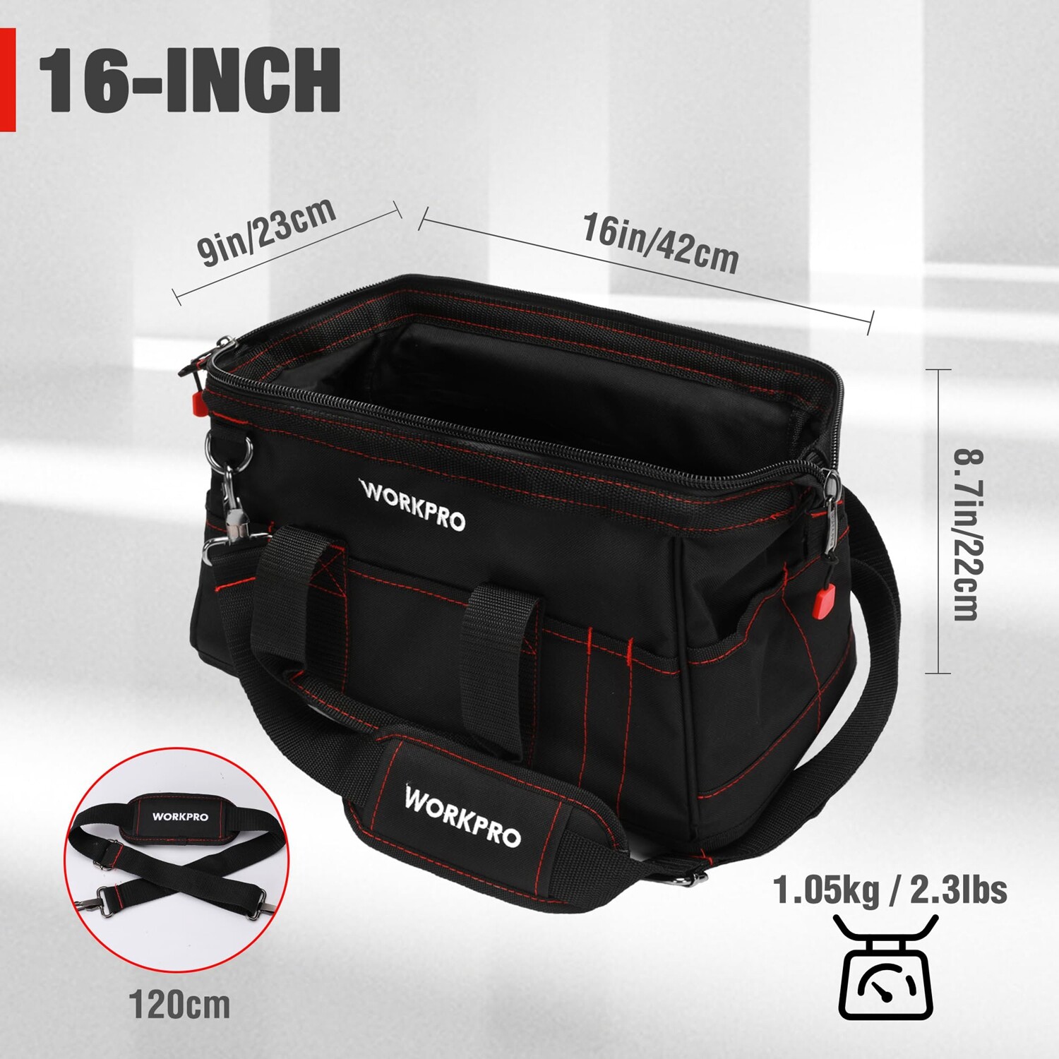 WORKPRO 16-inch Close Top Wide Mouth Tool Storage Bag Water Proof Rubber Base