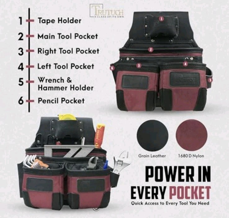 Trutuch Leather Carpenter Tool Belt | 18 Pockets | Framers Tool Belt | Handyman