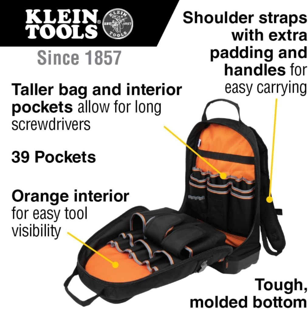 Klein Tools 55421BP-14 Tool Backpack, Heavy Duty Tradesman Pro Tool Bag Organize