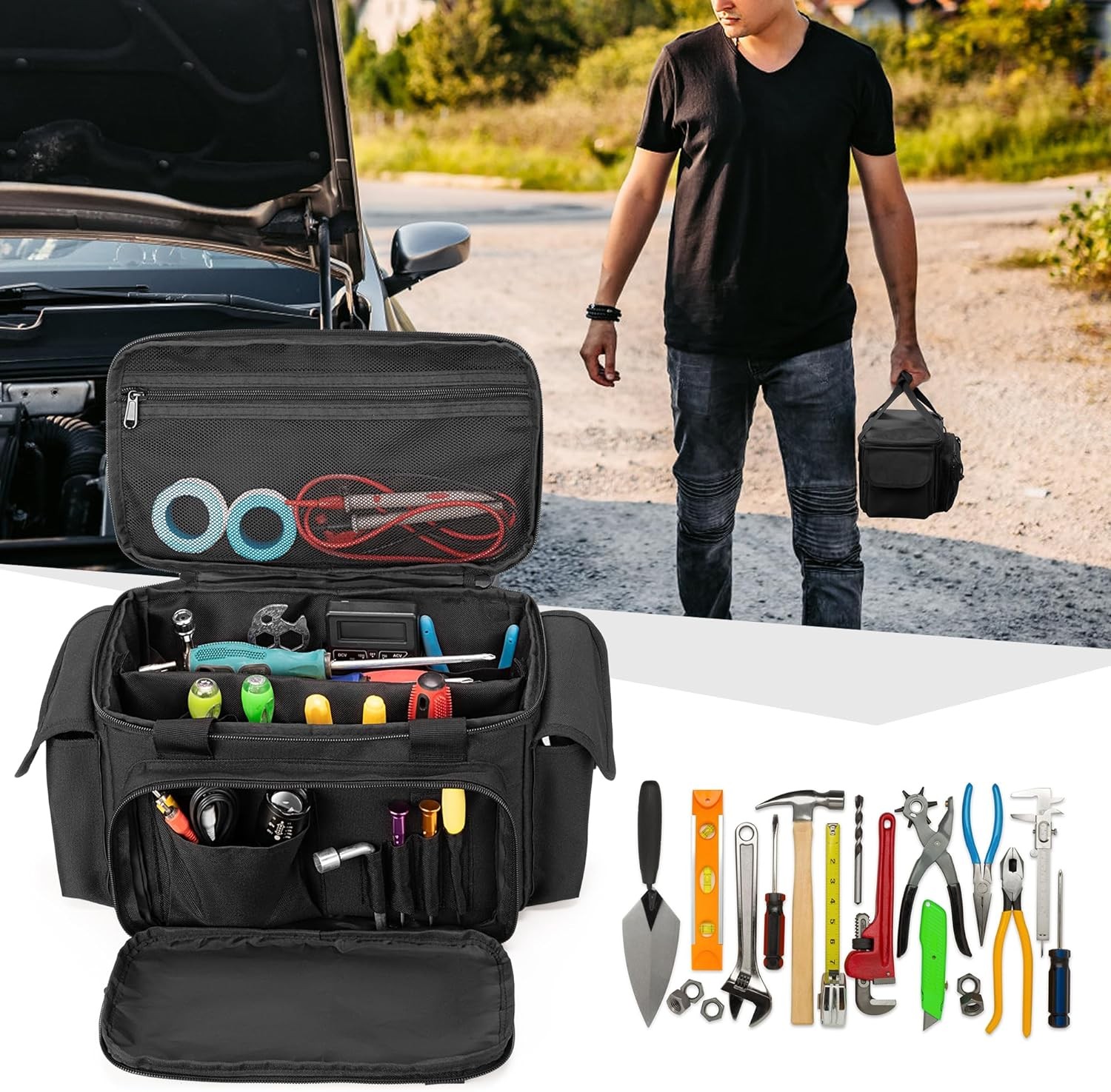 Small Tool Bag with Anti-friction and Thick Padded Bottom, Small, Black