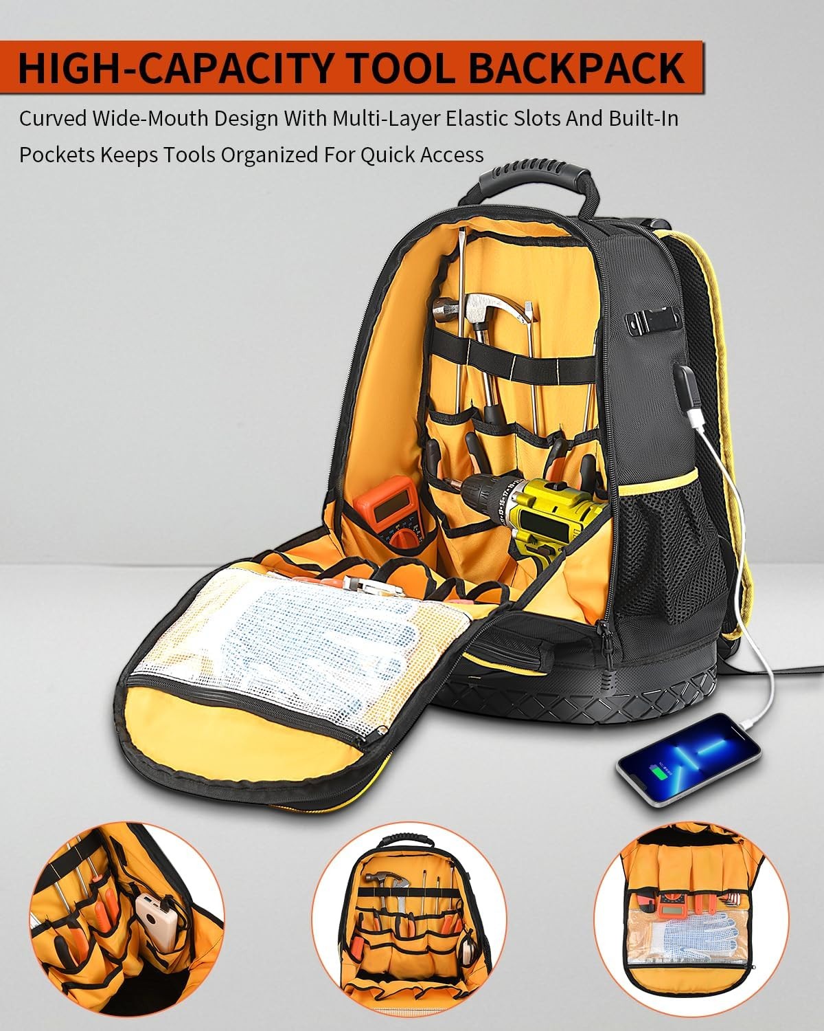 Tyxauk Heavy Duty Tool Backpack w/ Laptop Compartment, Hard Bottom & Tool Pouch