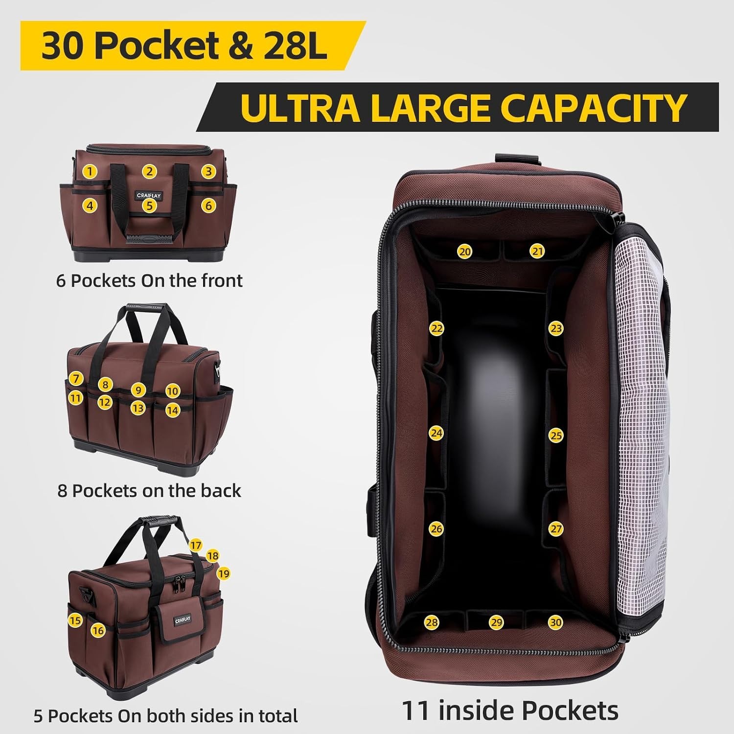 Adjustable 19” Tool Bag for Heavy-Duty Use – 30 Compartments for Quick Access
