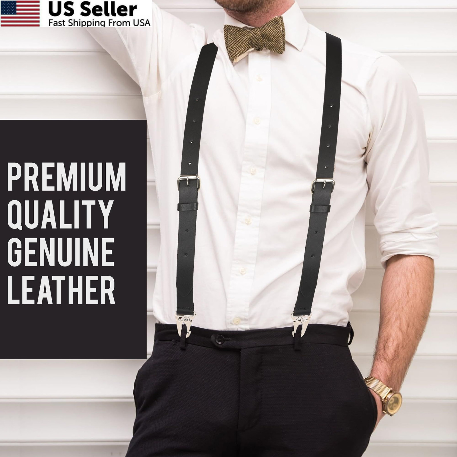 NUTUCH Full Grain Leather Suspender for Men | Y Design Adjustable, Black
