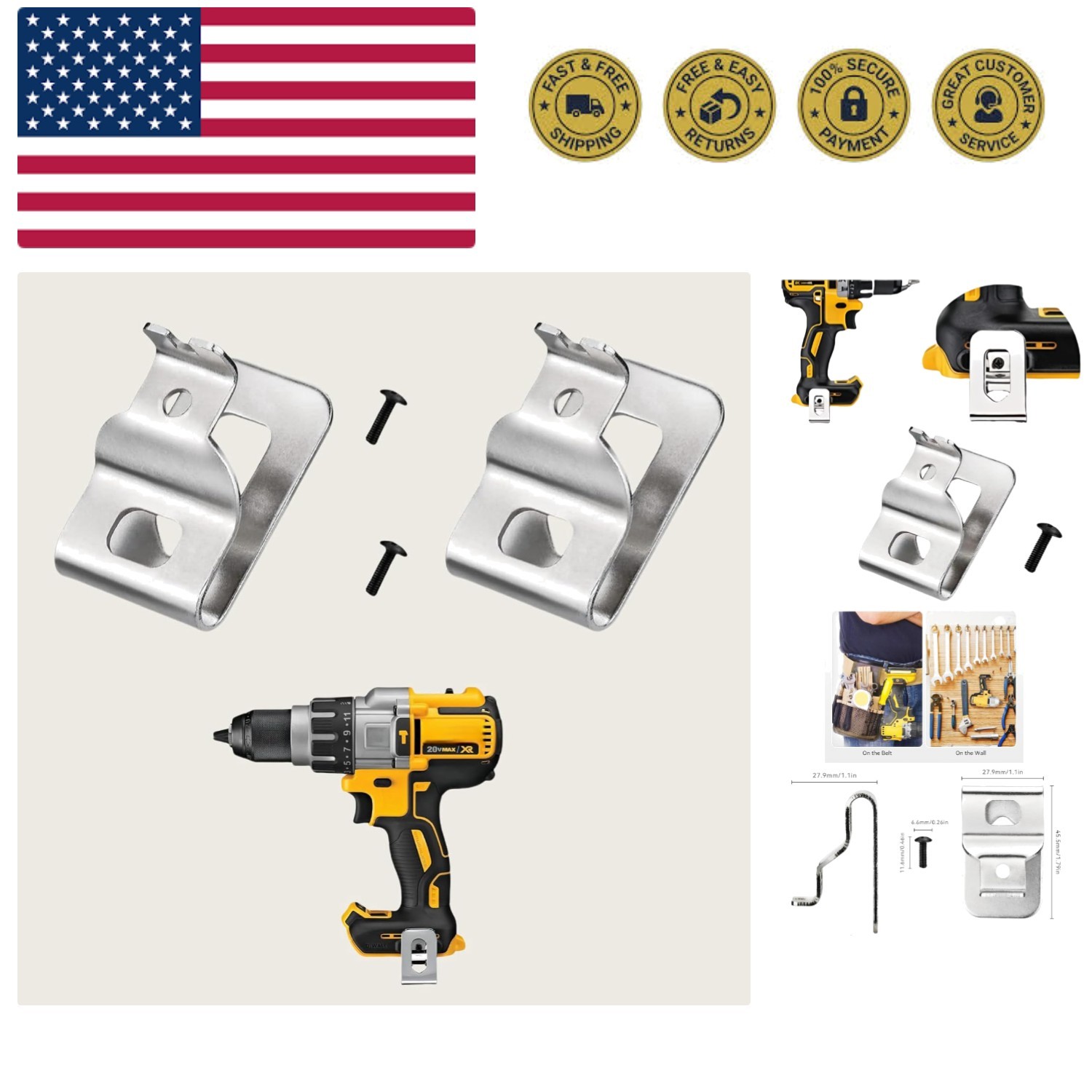 Reliable 2pcs Belt Clips for De-walt 20V MAX Tools – Stainless Steel Design
