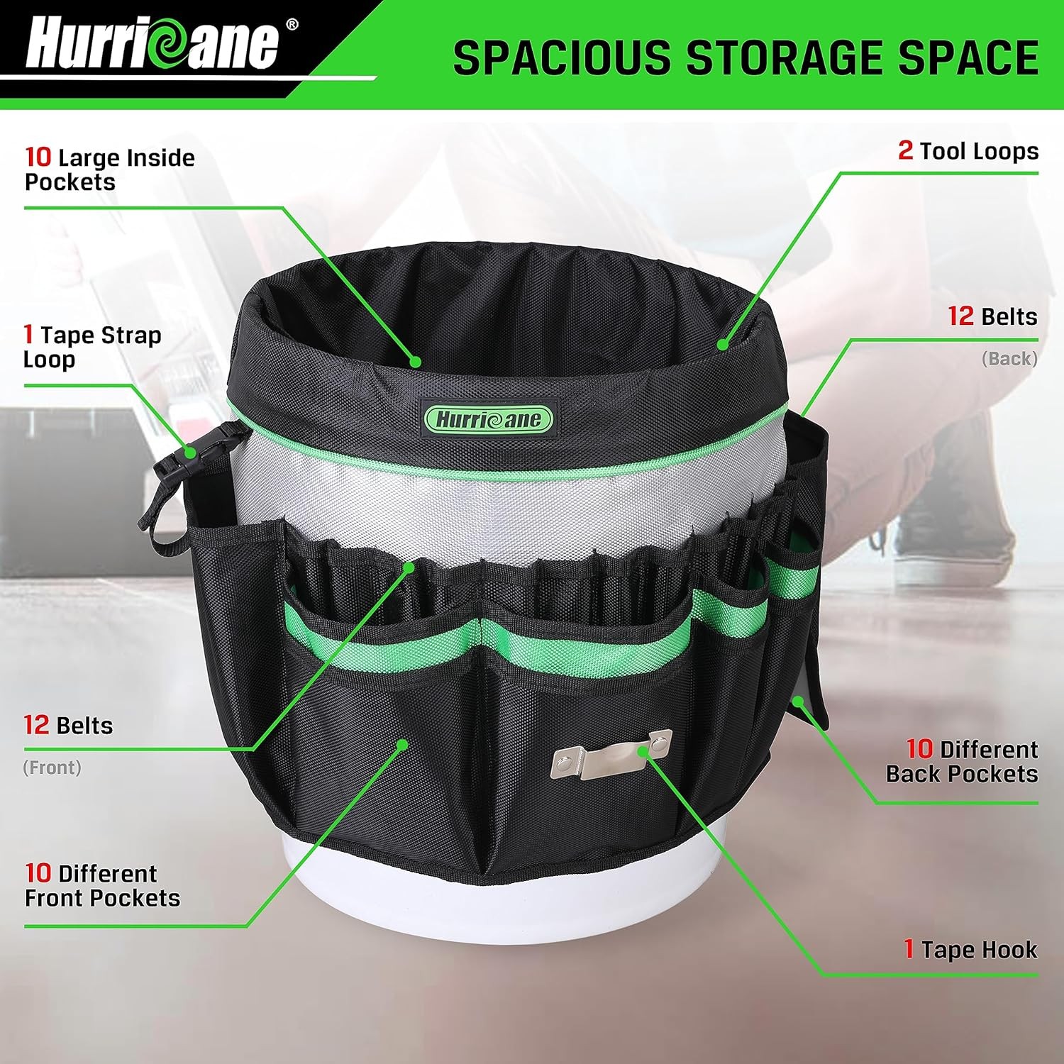 HURRICANE 5 Gallon Bucket Tool Bag Organizer, Garden Tool Caddy with 52 Pockets,