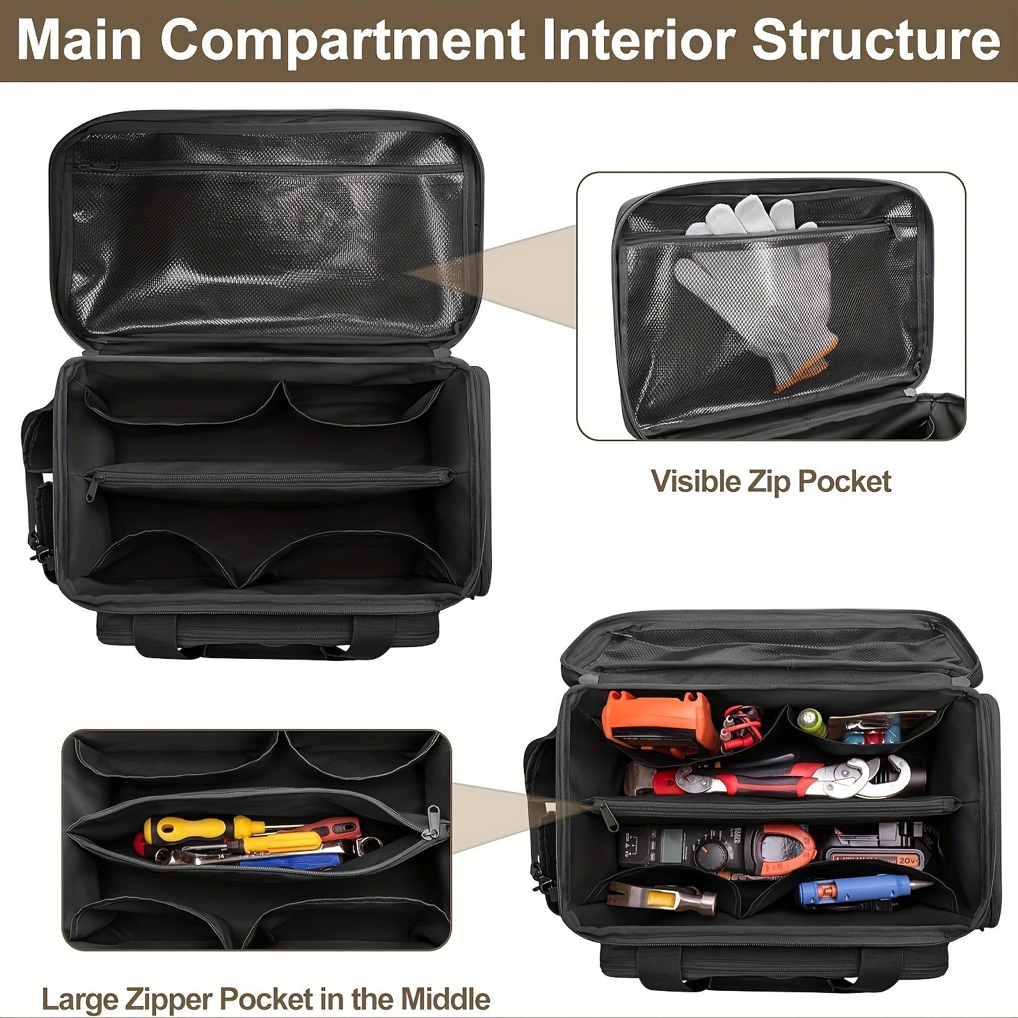 1pcs Black Canvas 14 Inch Tool Tote Electrician Lightweight Carry Bag