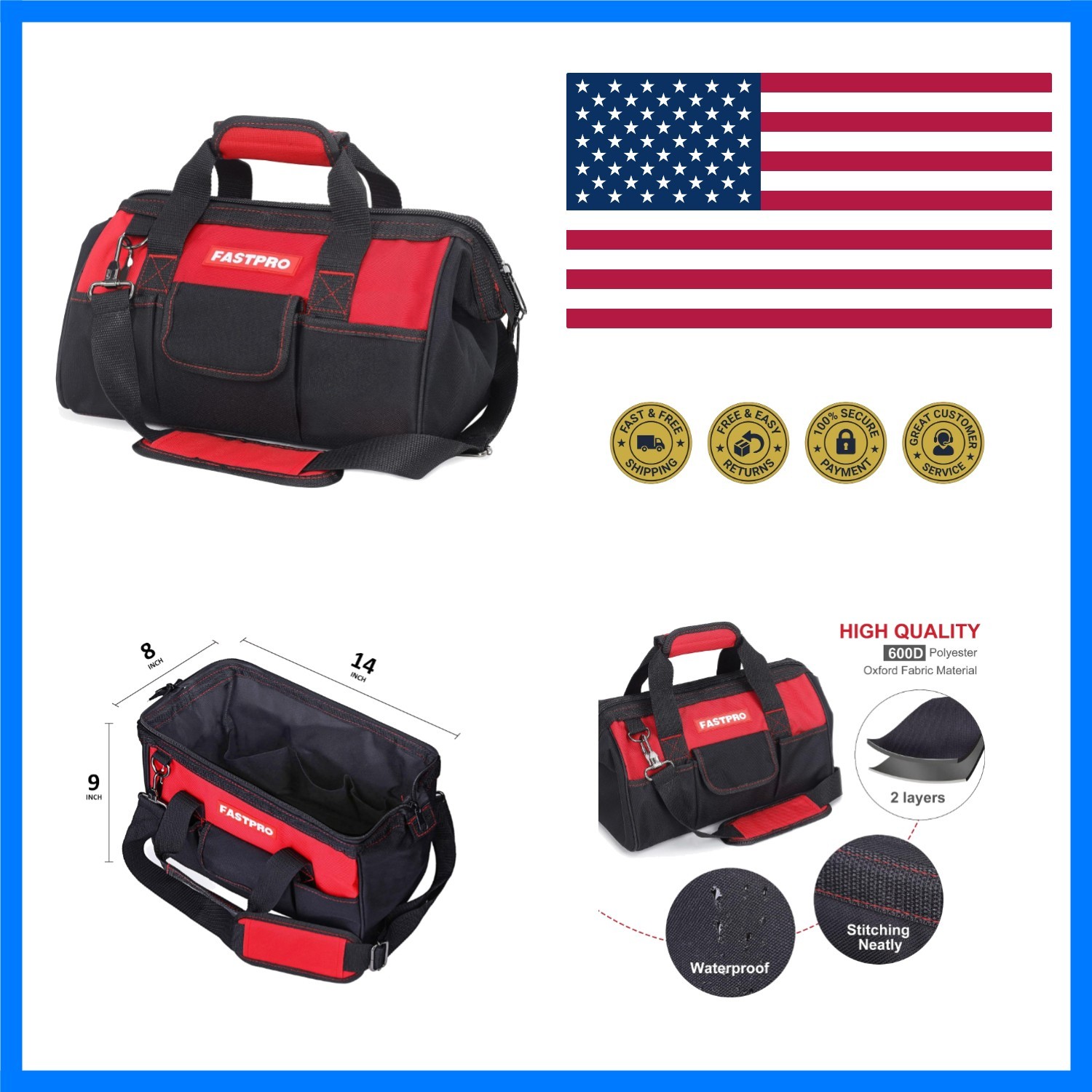 14-Inch Tool Bag, Wide Mouth Open Storage Bag | Multi-Pocket, 600D Polyester …