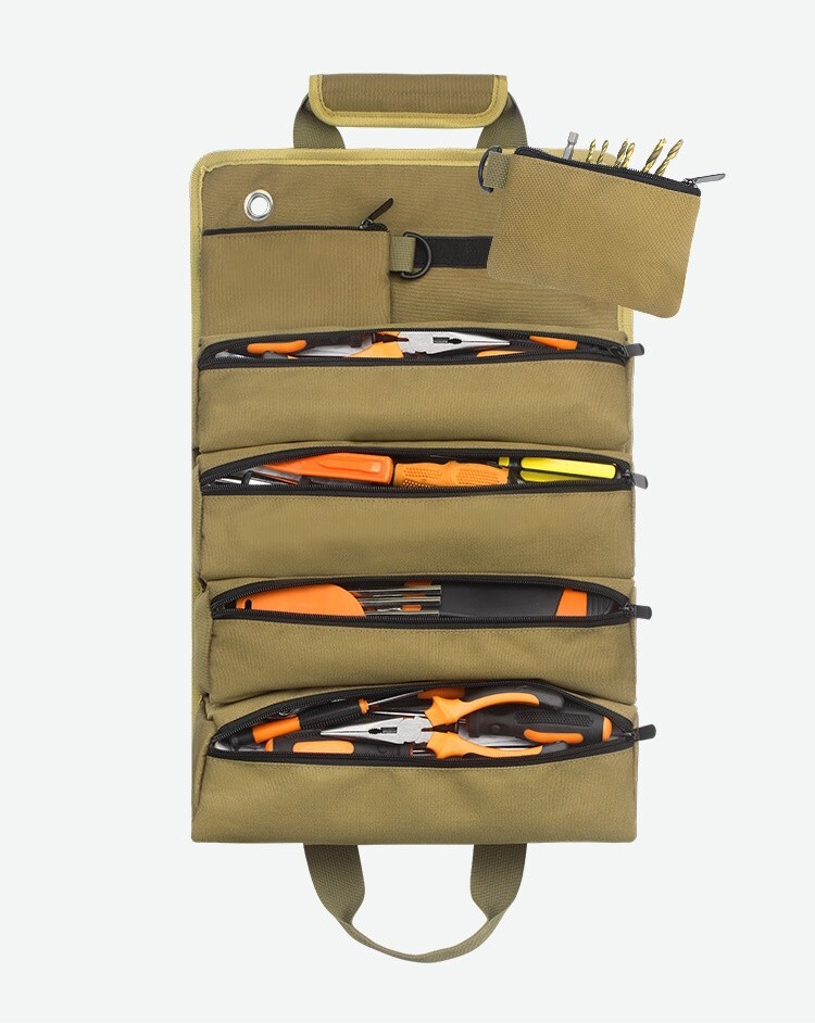 Heavy Duty Canvas Roll Up Large Storage Tool Bag Pouches Organizer 6 Pockets