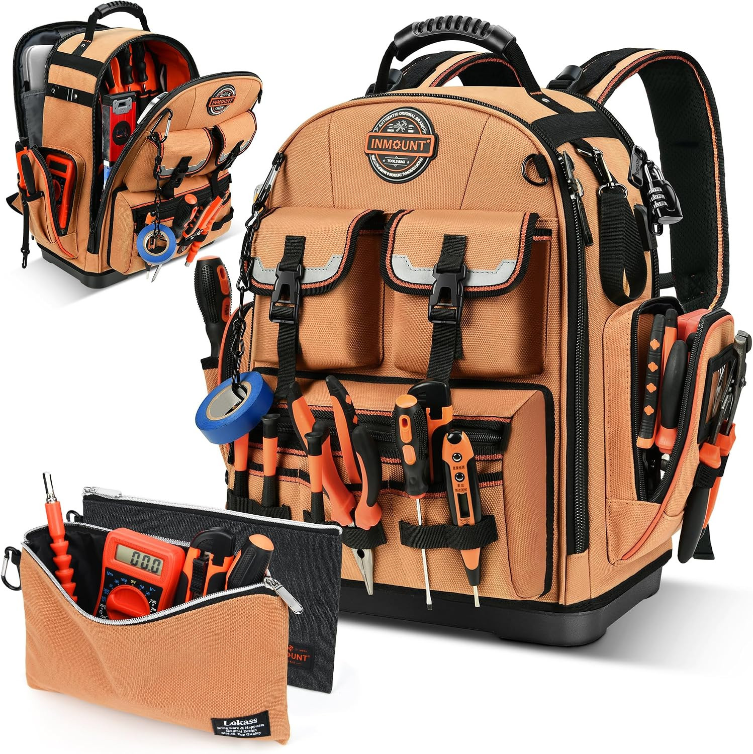 Tool Backpack Heavy Duty with Molded Bottom, 1680D 56-Pocket Tool Bag Organizer