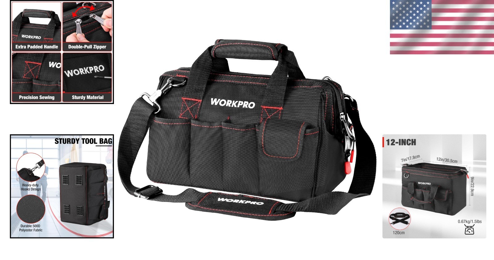 12” Storage Tool Bag with Multiple Pockets & Water-Repellent Material