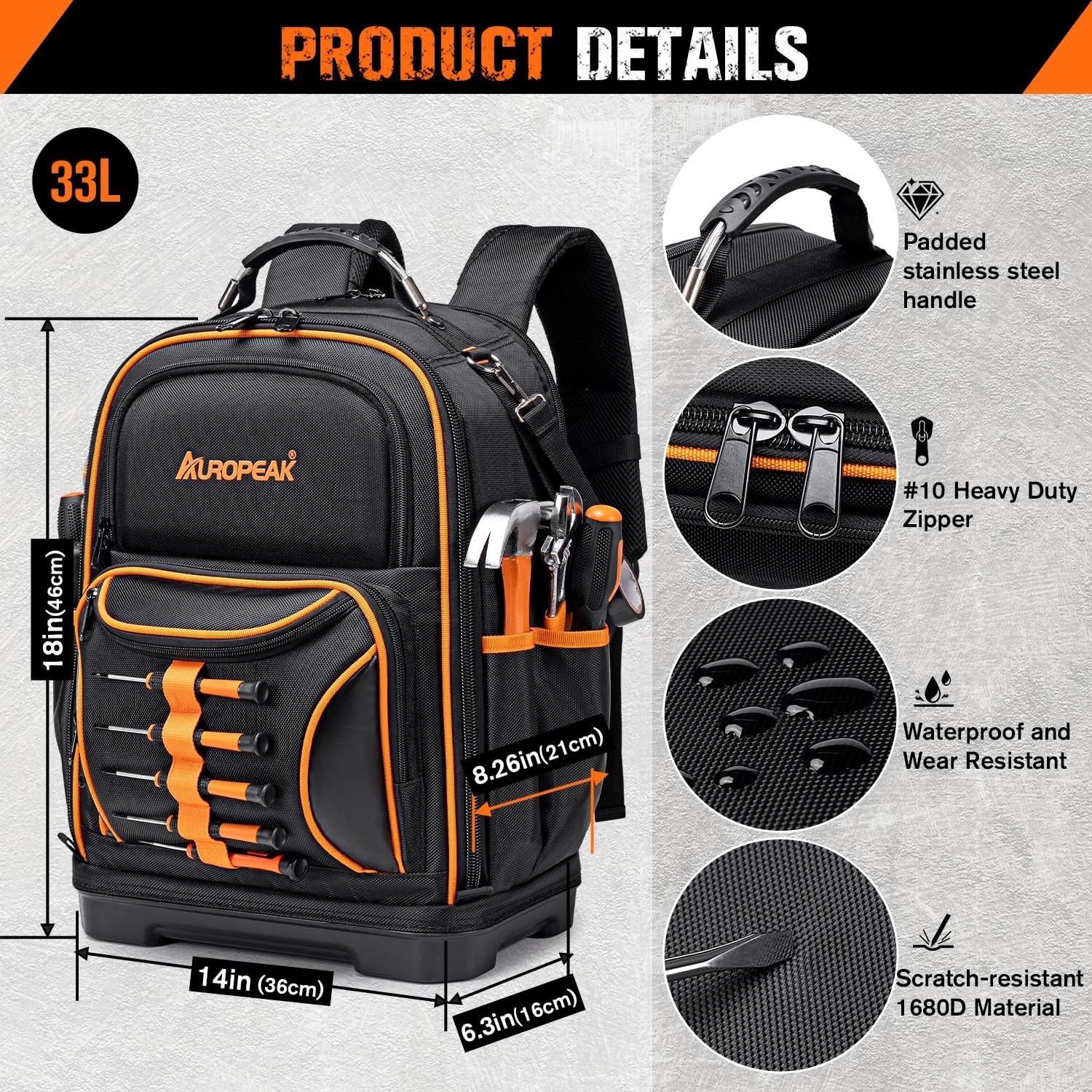 AUROPEAK 73 Pockets Electrician Tool Backpack Heavy Duty Men Women, Hvac Tool