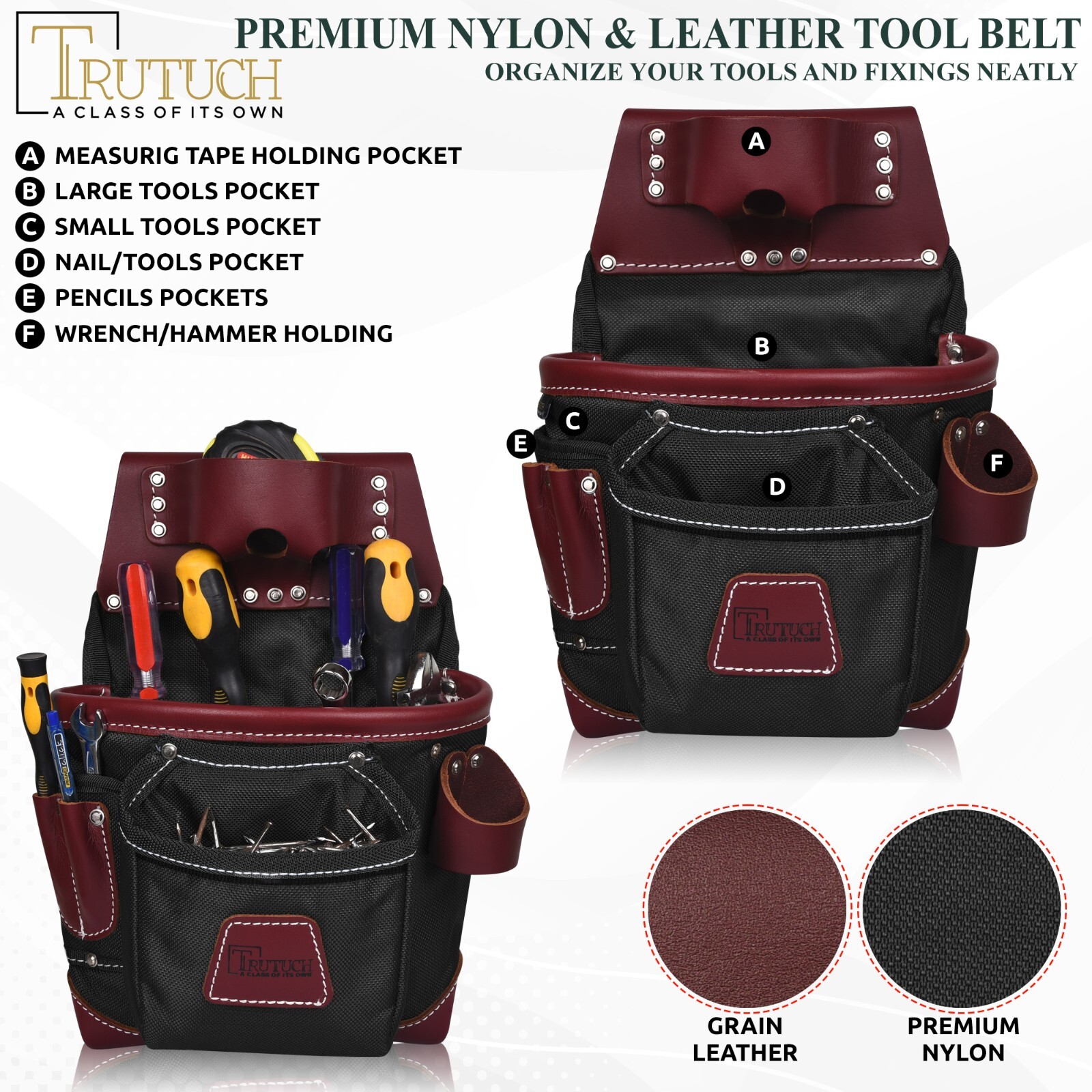 TRUTUCH Nylon and Leather Tool Belt with Leather Work Suspender | Handyman