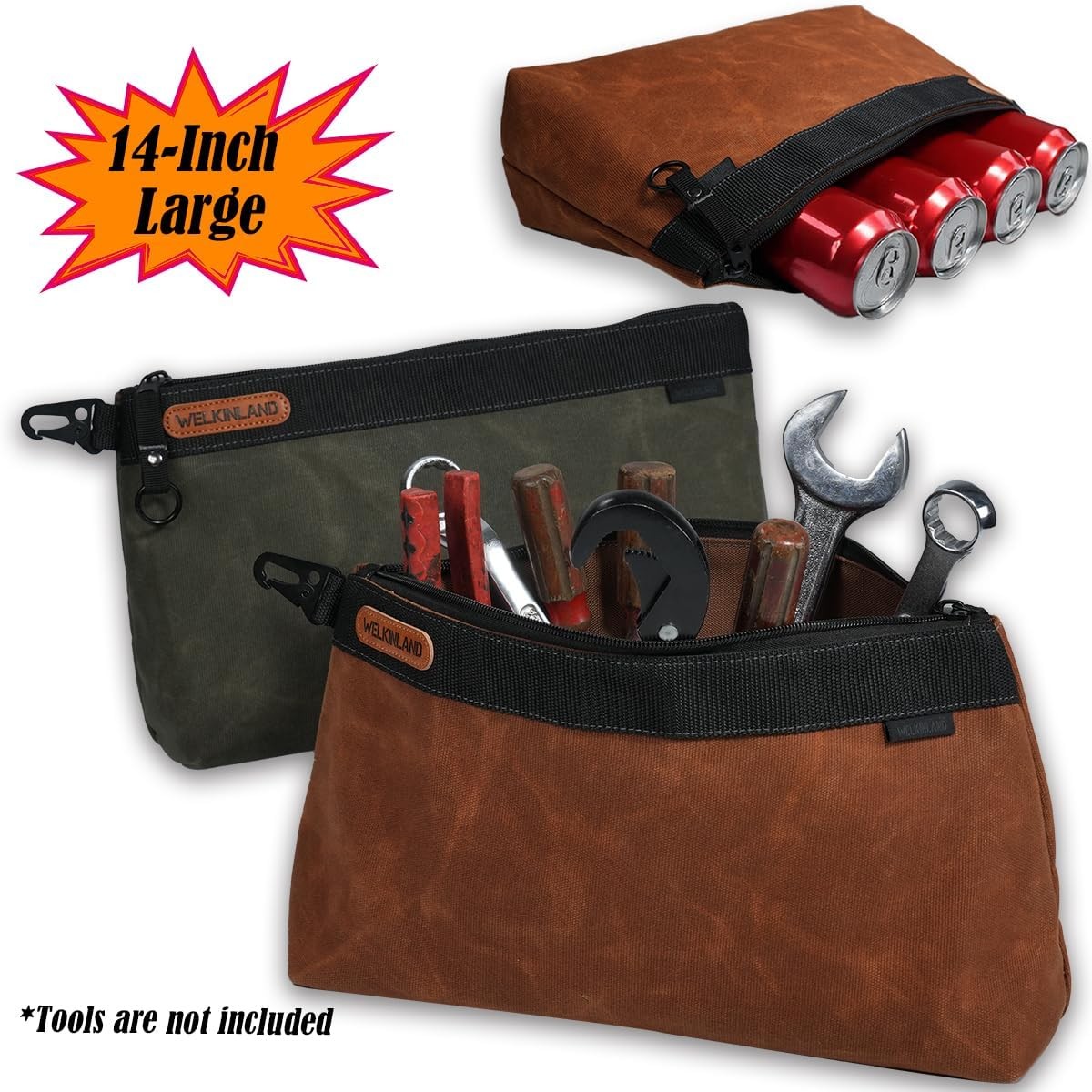 WELKINLAND 2-Pack 14″ Waxed Canvas Tool Pouches, Water-Resistant Organizer