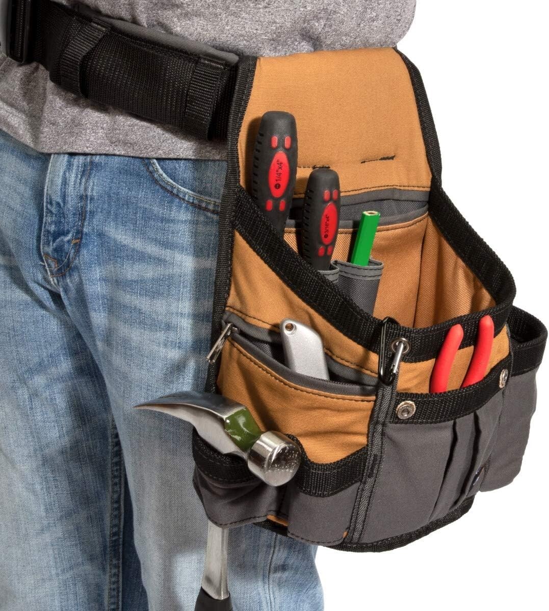 8-Pocket Padded Tool Belt, Adjustable 3″ Utility Pouch, Durable Canvas, Tan/Grey