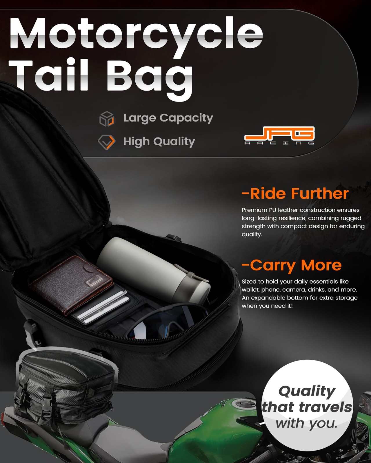 JFG RACING Motorcycle Tail Bag,12L Dual Use Seat Helmet Bag Backpack Universa…